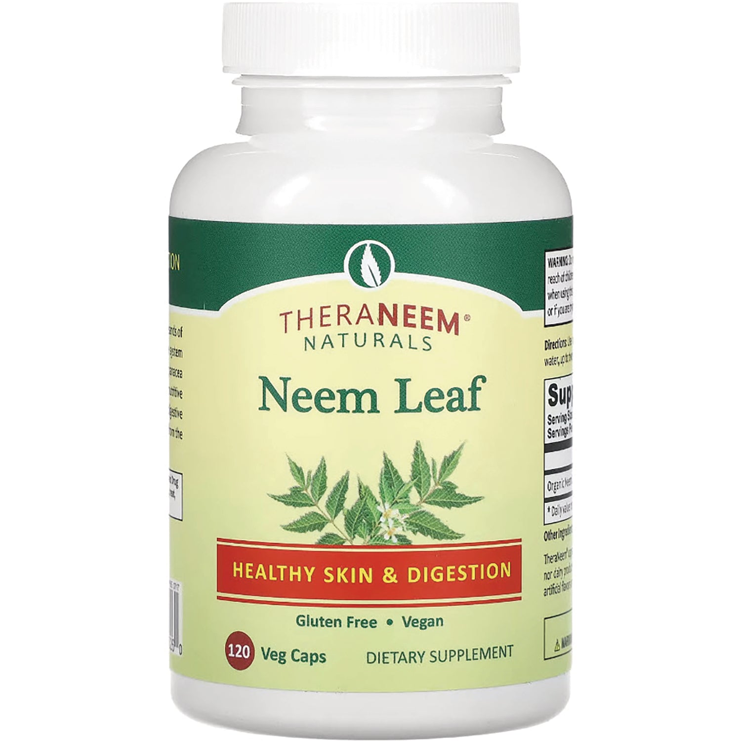 OGX017 | Theraneem Naturals Neem Leaf dietary supplement bottle front label, 120 veg caps, healthy skin & digestion