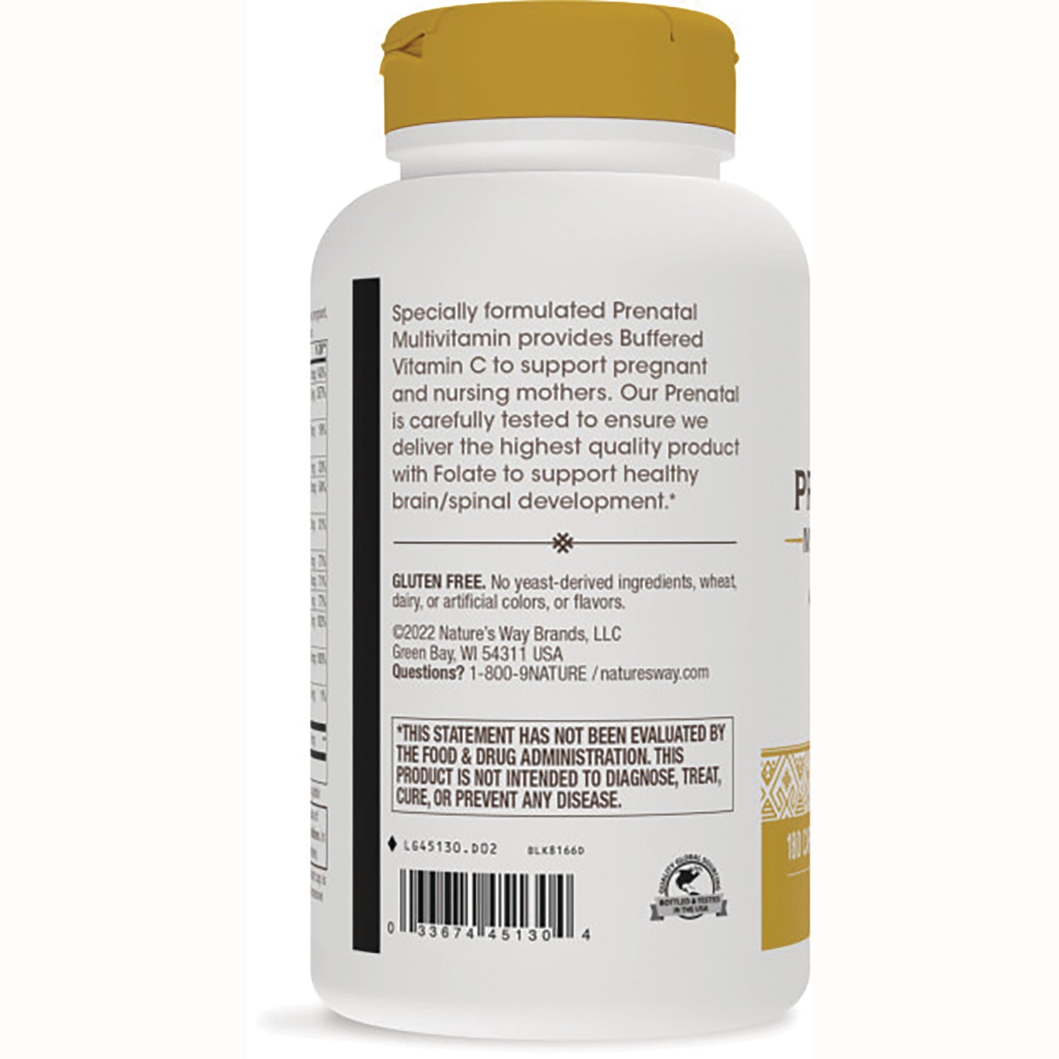 NW305 | back label of prenatal multivitamin bottle showing product description, gluten free claim, FDA disclaimer, and barcode