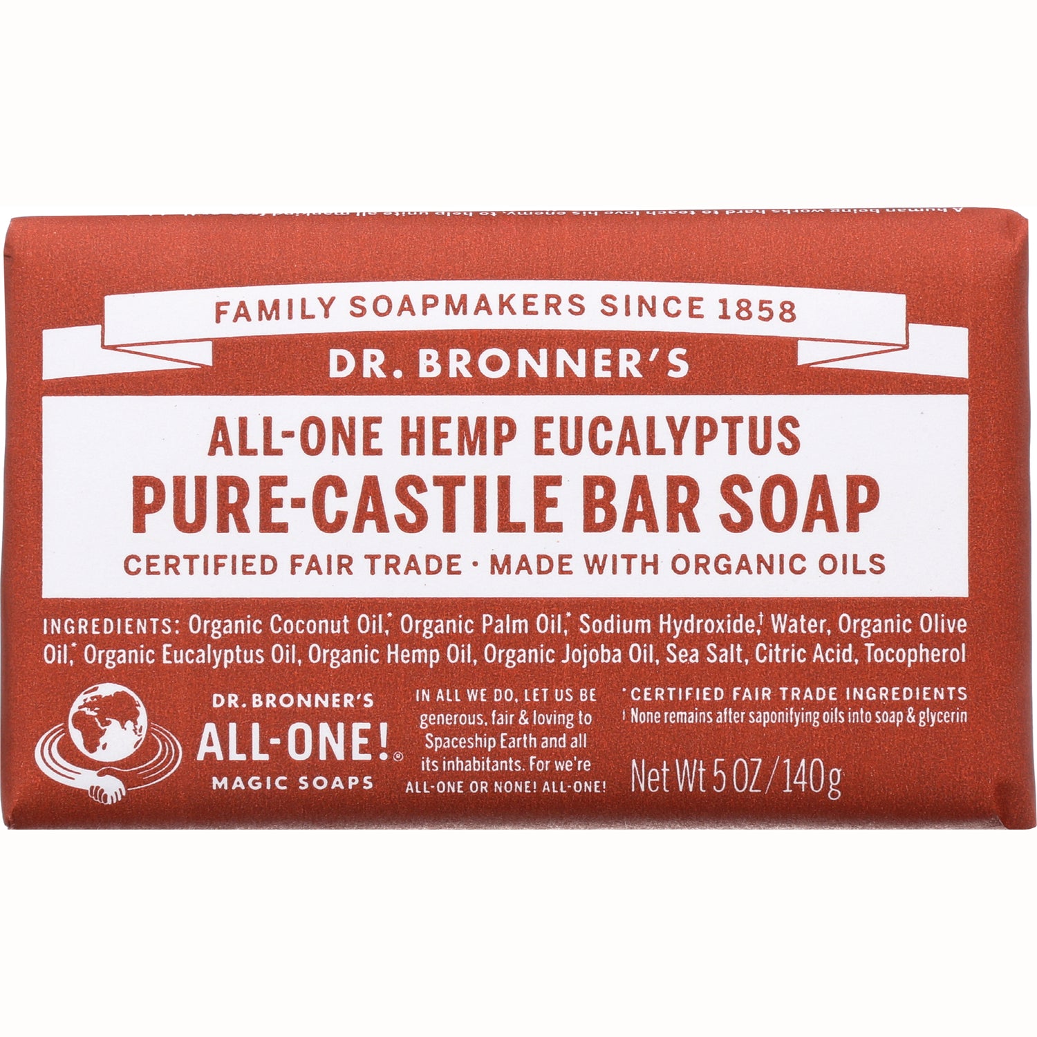 DRB002 | Dr. Bronner's All-One Hemp Eucalyptus Pure-Castile bar soap front packaging, Net Wt 5 OZ