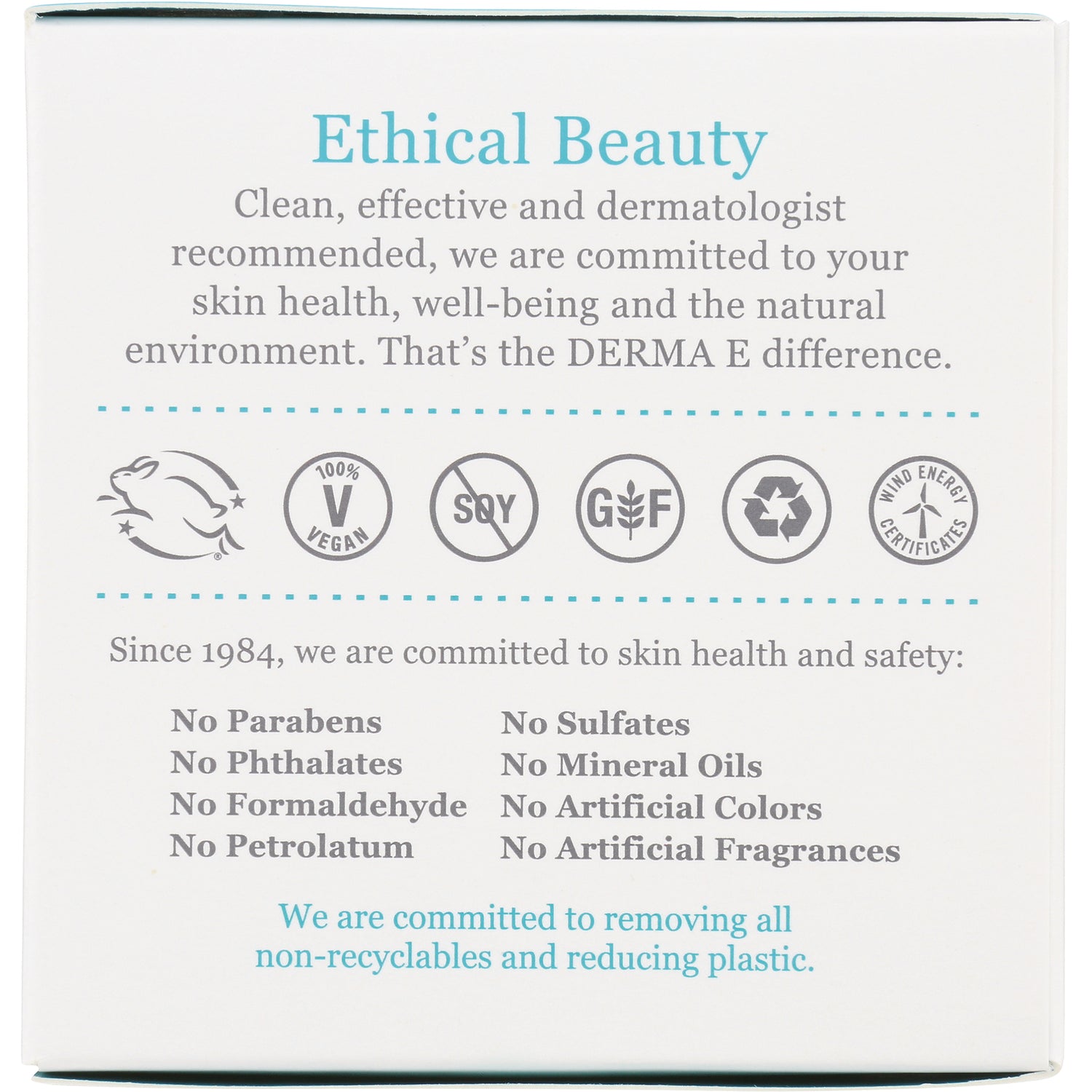 DE003 | Back of white box labeled Ethical Beauty with certification icons and list: No Parabens, No Sulfates, No Artificial Fragrances