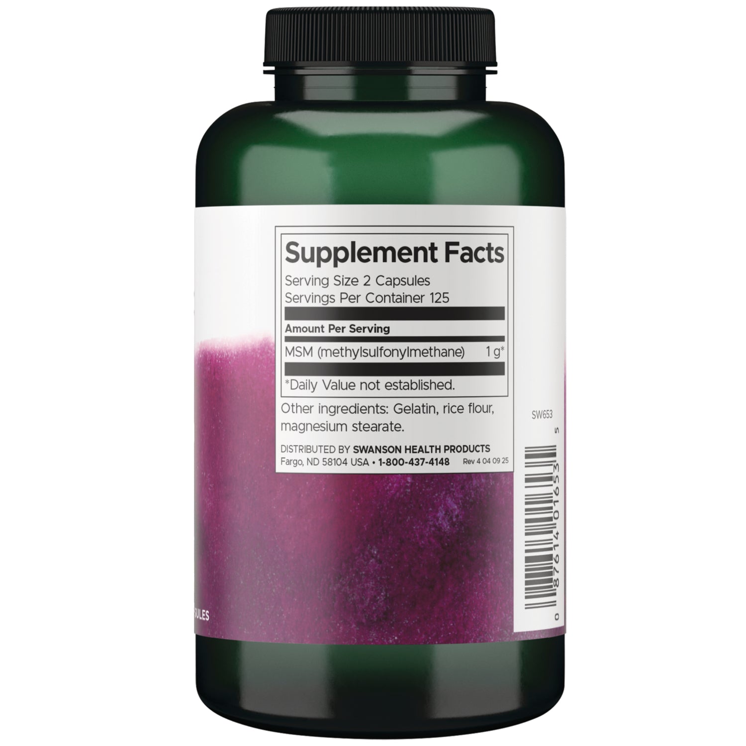 SW653 | Back label with Supplement Facts: serving size 2 capsules; 125 servings; MSM 1 g; barcode visible