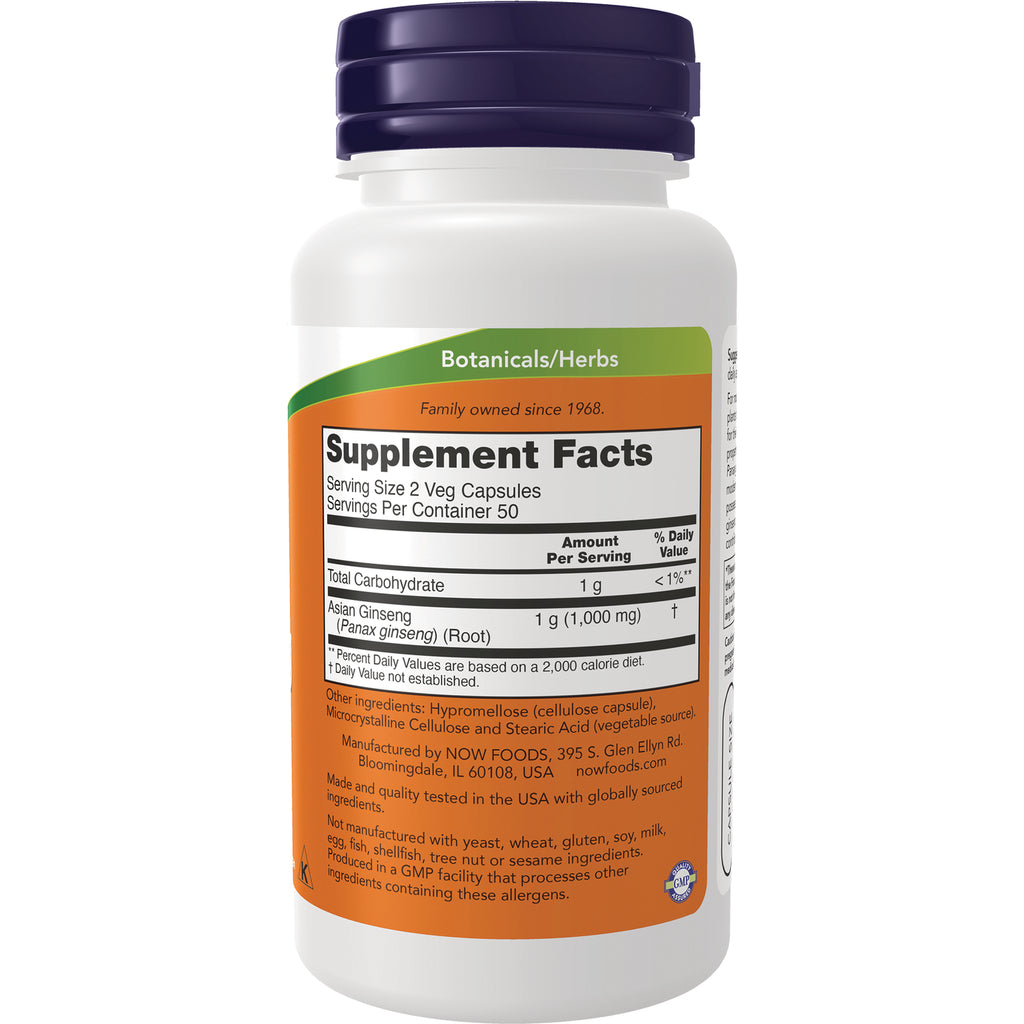 NWF562 | Supplement facts label on back of white supplement bottle showing Serving Size 2 Veg Capsules and Asian Ginseng 1 g - Thumbnail