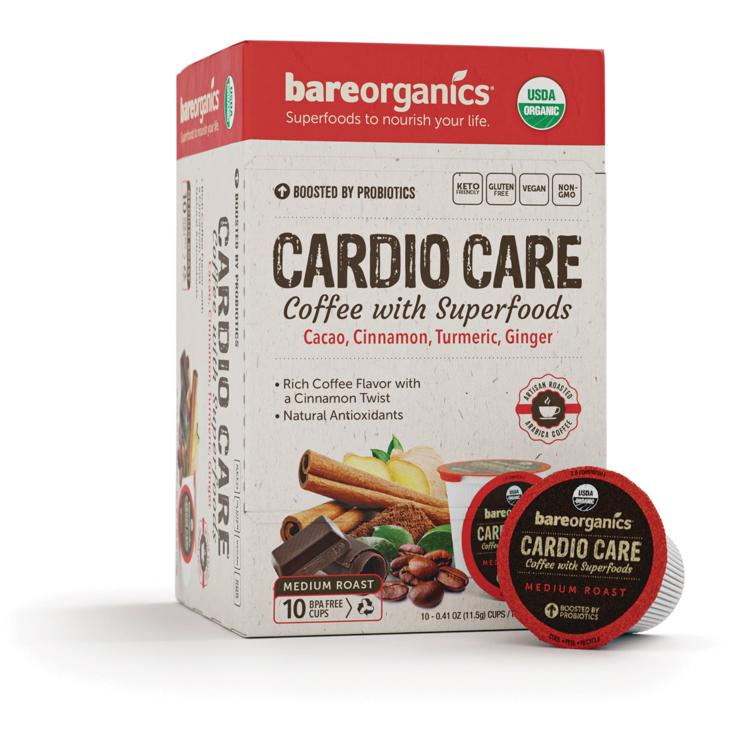 BOR015 | bareorganics Cardio Care coffee with superfoods box and K-Cup, medium roast, cacao cinnamon turmeric ginger