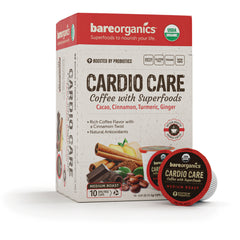 BOR015 | bareorganics Cardio Care coffee with superfoods box and K-Cup, medium roast, cacao cinnamon turmeric ginger