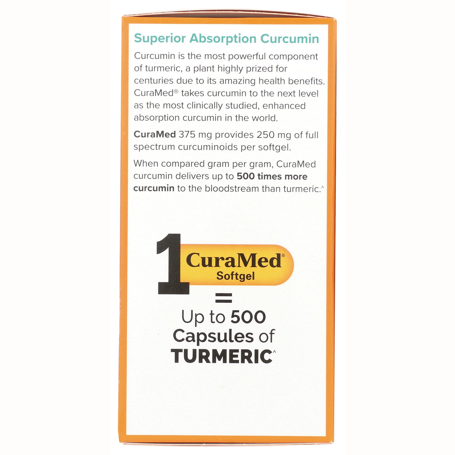 EUR055 | Side panel infographic showing Superior Absorption Curcumin and statement 1 CuraMed softgel equals up to 500 capsules of turmeric