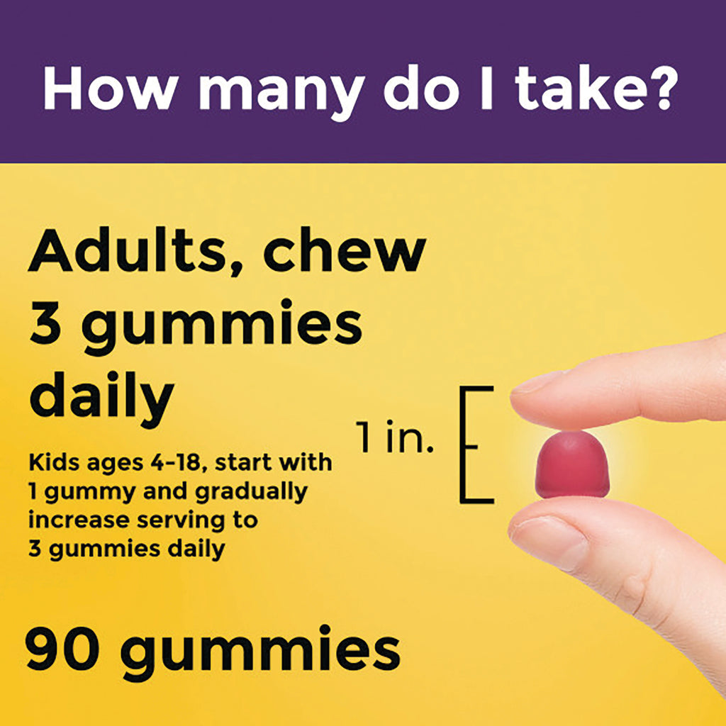 NTM157 | Back label: adults chew 3 gummies daily, dosage guidance and hand holding one gummy - Thumbnail