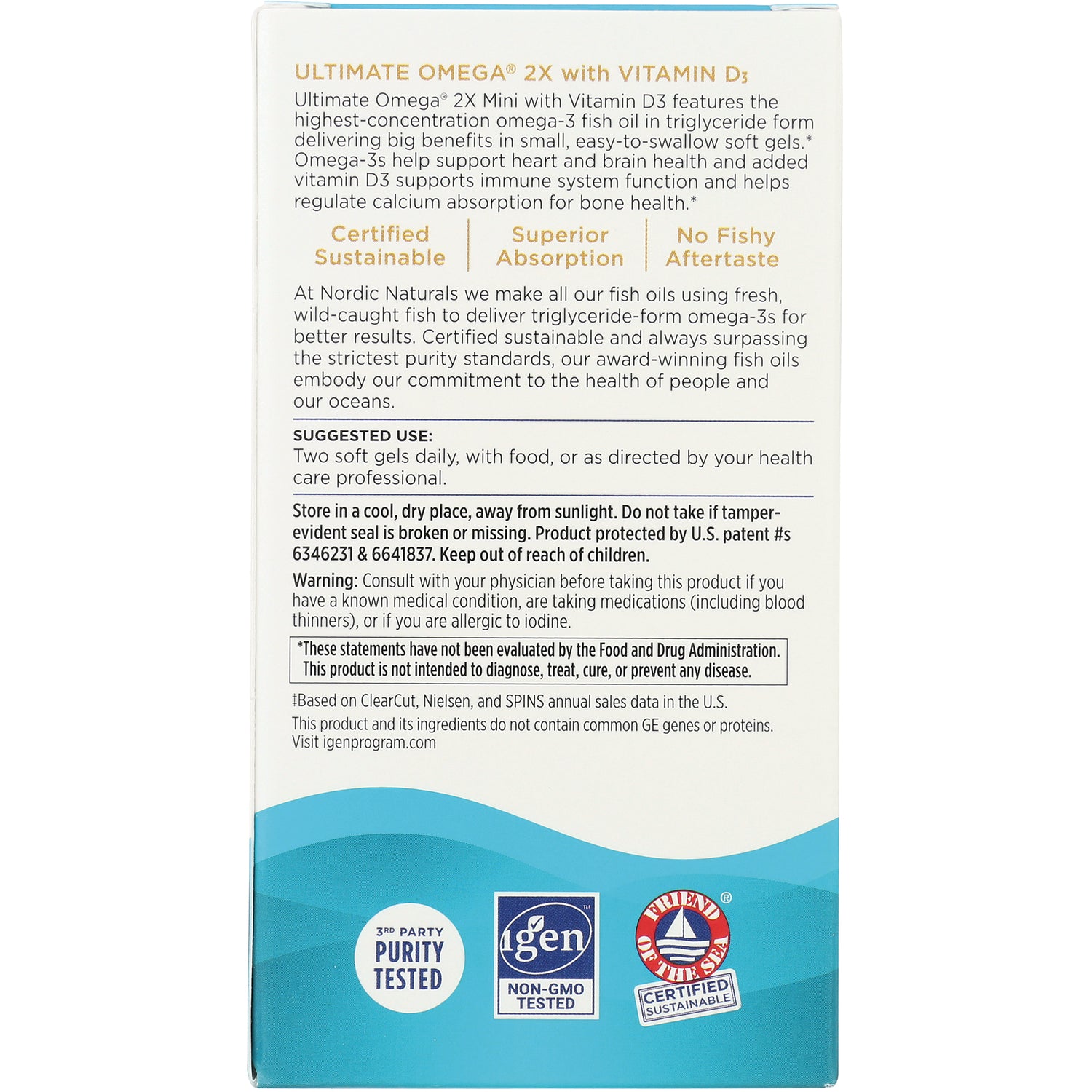 NRN086 | Back panel of Nordic Naturals Ultimate Omega 2X supplement box showing suggested use, warnings, and certification logos