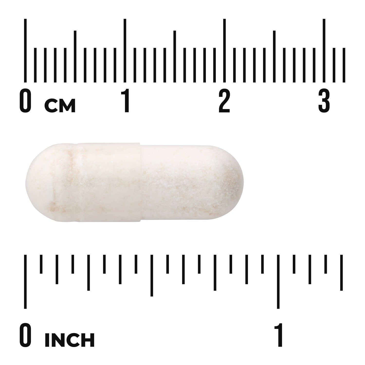 SWA037 | White two-piece capsule on metric and inch rulers showing roughly 2.5 cm (1 in)