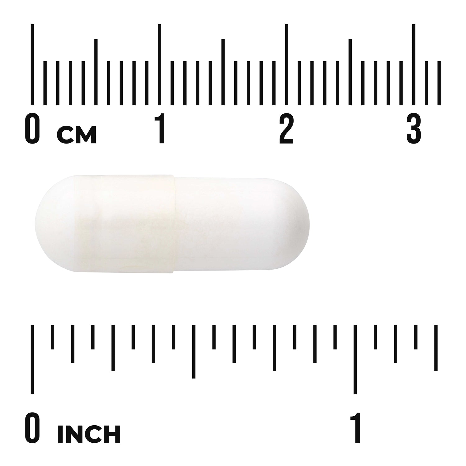 SW131 | White capsule on white background with centimeter and inch rulers showing size