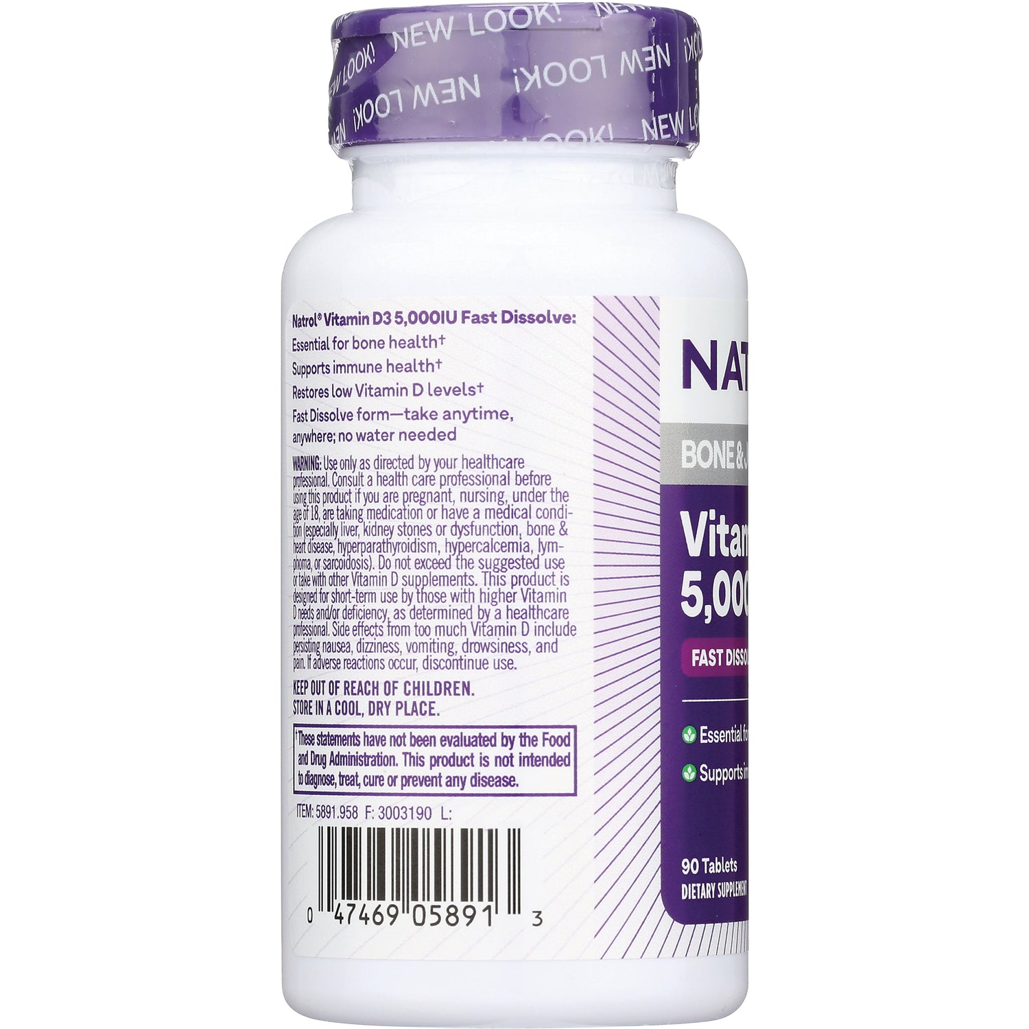 NA603 | back of white supplement bottle showing warnings, barcode, and purple cap labeled NEW LOOK