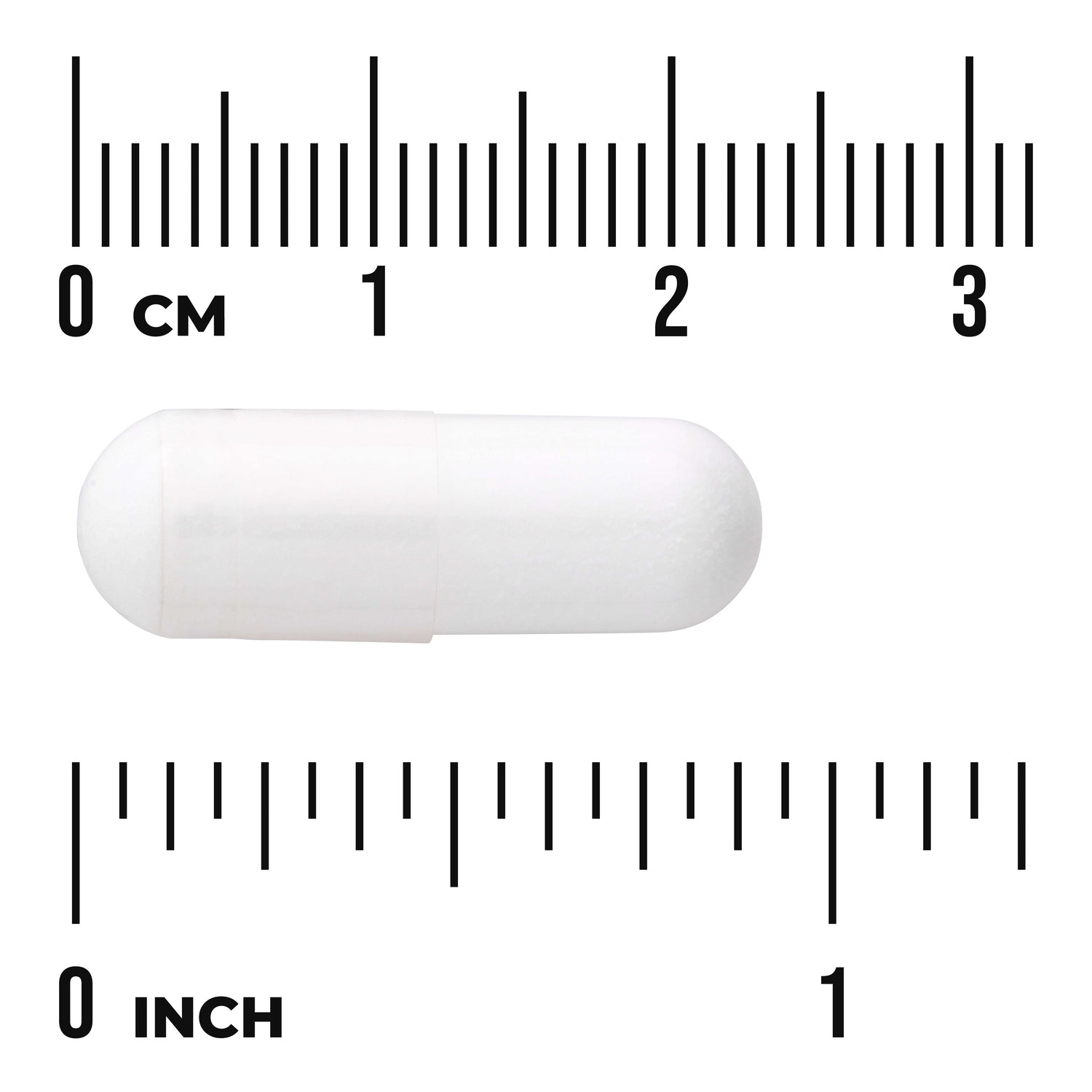 SWA039 | White two-piece capsule centered between centimeter and inch rulers to show size
