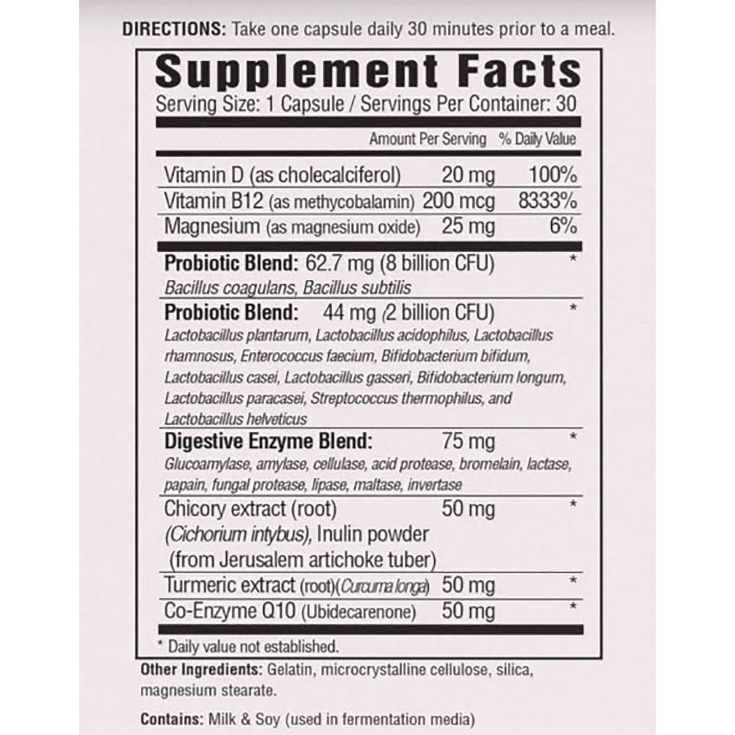 GTR006 | Supplement Facts panel: serving size 1 capsule; lists vitamin D, B12, magnesium, probiotic and digestive enzyme blends, other ingredients