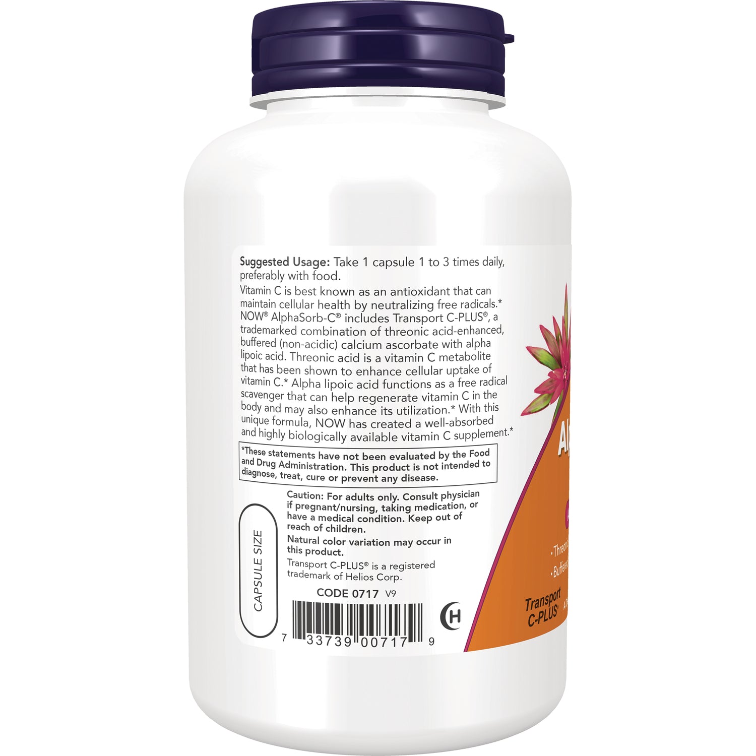 NWF656 | back label of white supplement bottle showing suggested usage text, caution box and barcode