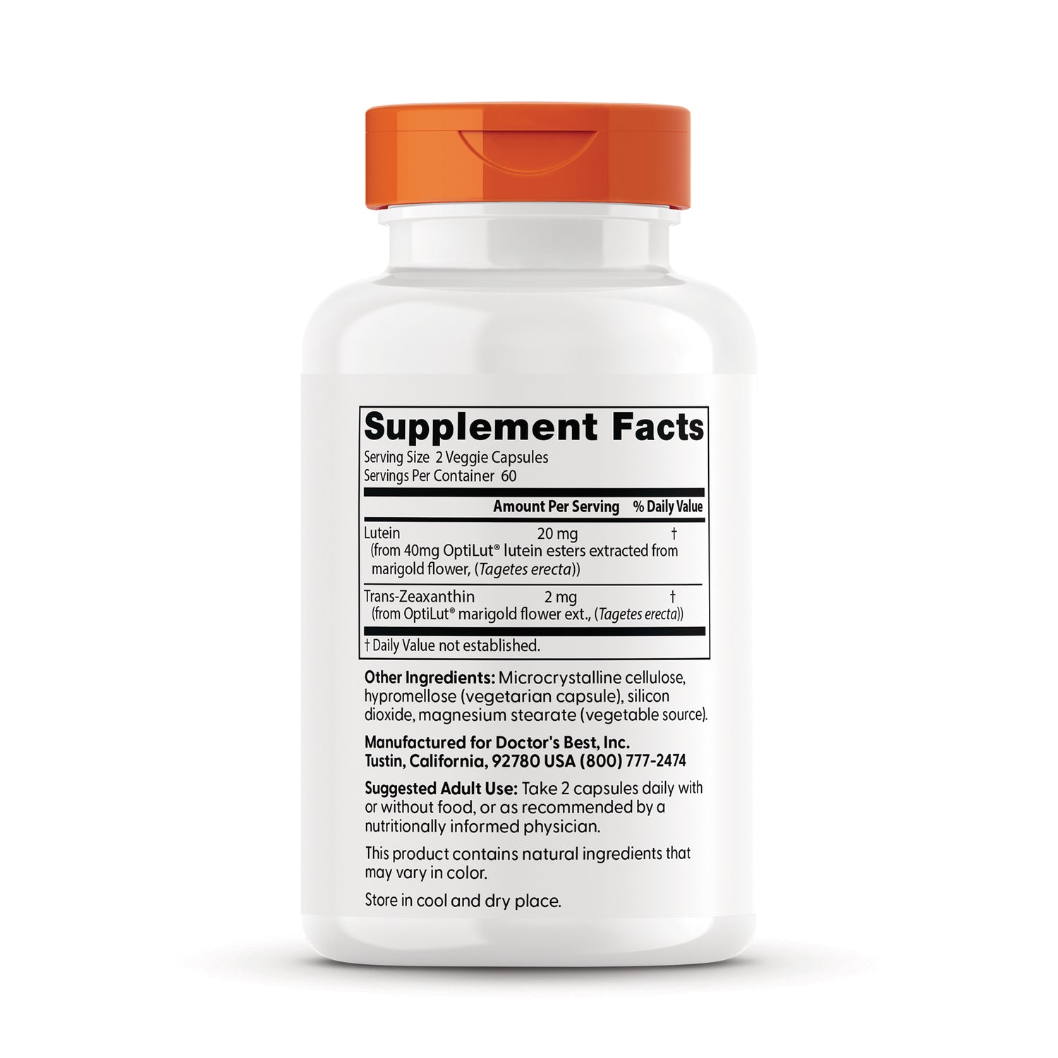 DB187 | back of white supplement bottle showing Supplement Facts label with lutein 20 mg and trans-zeaxanthin 2 mg