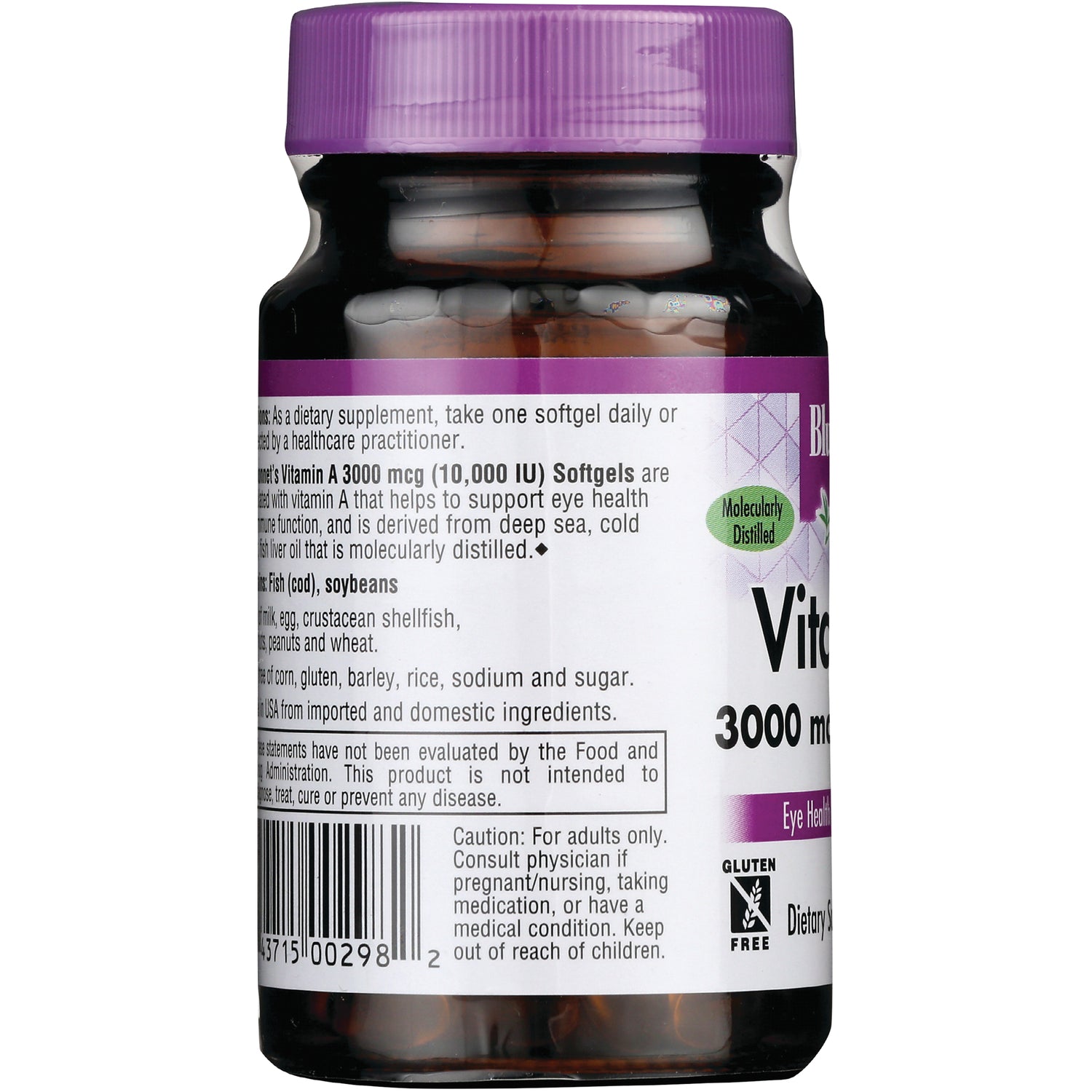 BLU121 | Back label of vitamin A supplement bottle showing ingredients, warnings, nutrition text and barcode
