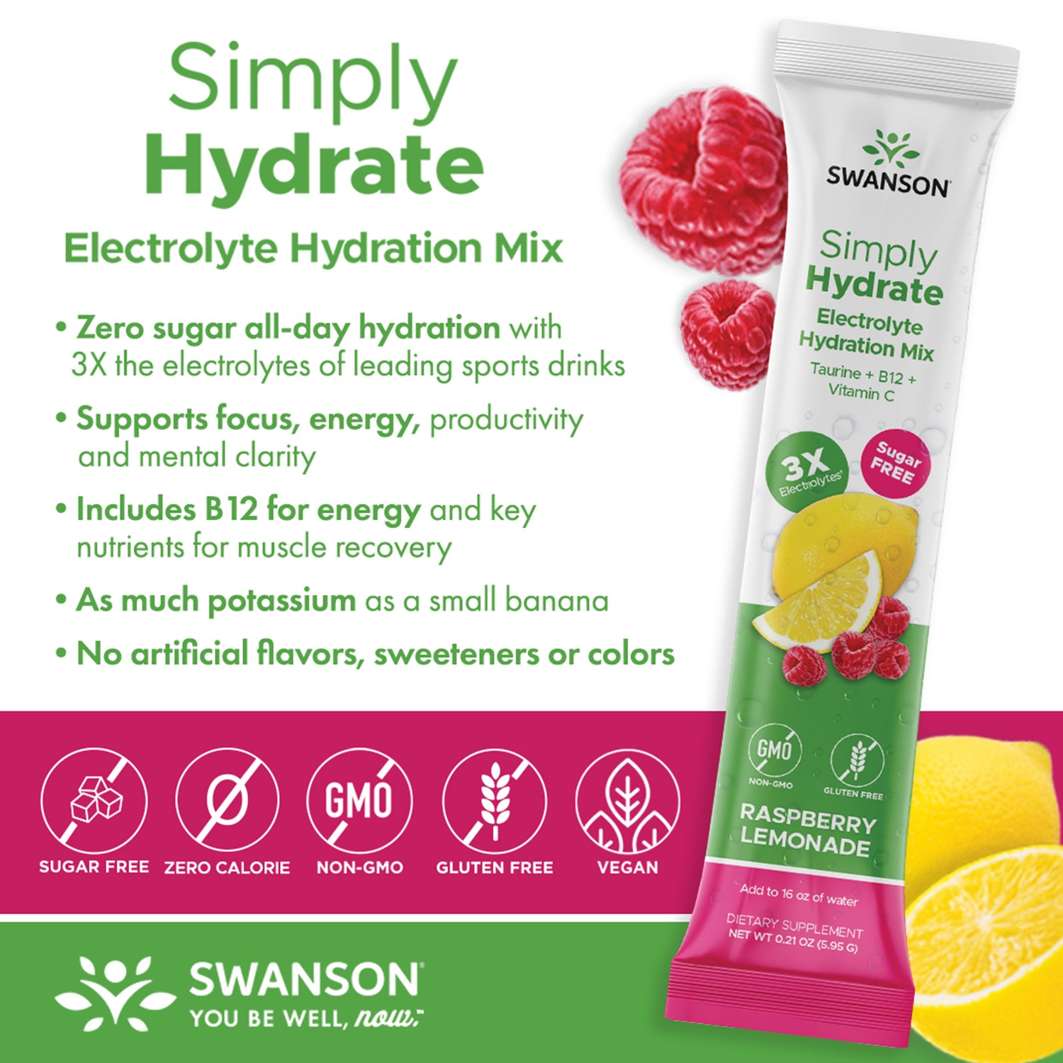 SW1934 | Simply Hydrate electrolyte hydration mix infographic, Raspberry Lemonade, 3X electrolytes, sugar free, vegan