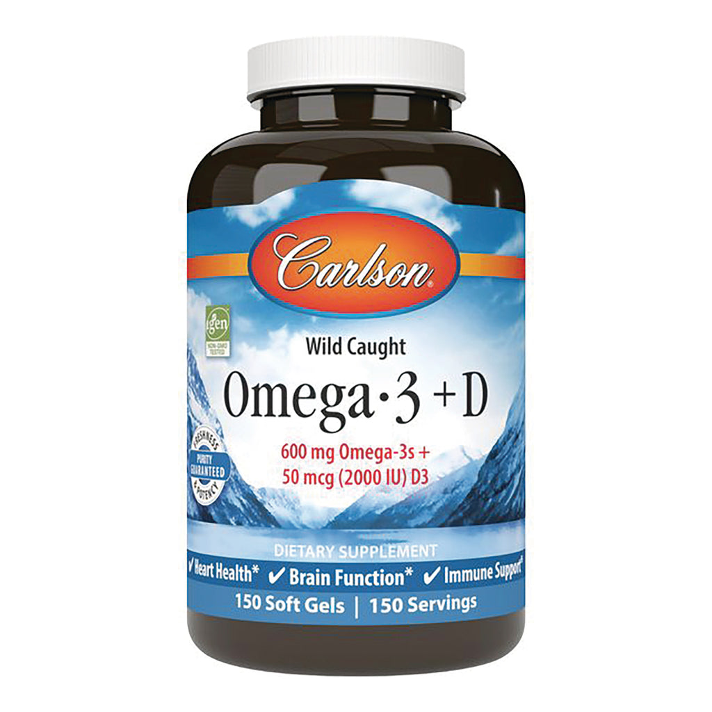 CSN332 | Carlson Omega-3 + D dietary supplement bottle, front label shows 150 soft gels and 600 mg Omega-3s + 50 mcg (2000 IU) D3 - Thumbnail