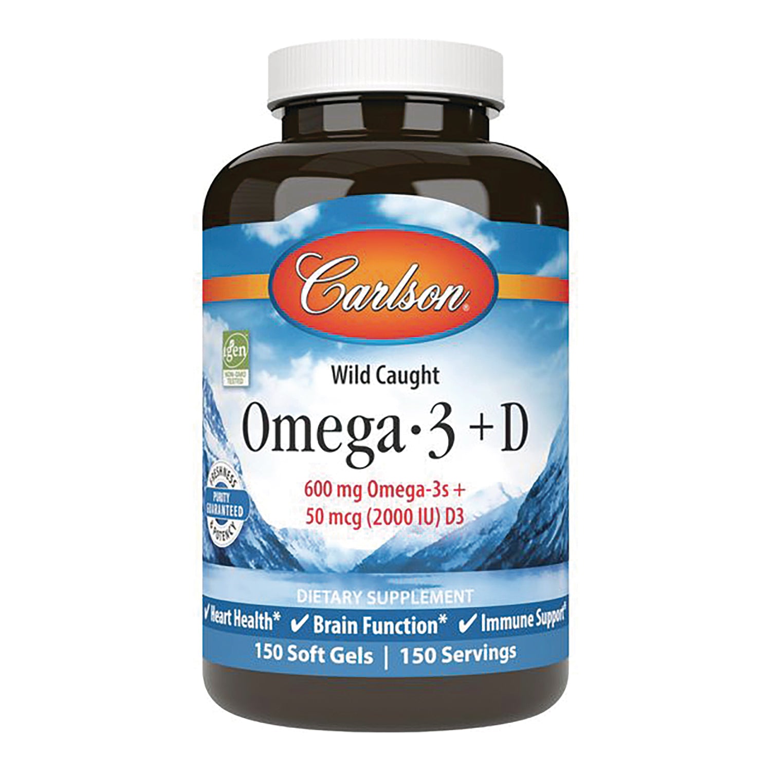 CSN332 | Carlson Omega-3 + D dietary supplement bottle, front label shows 150 soft gels and 600 mg Omega-3s + 50 mcg (2000 IU) D3