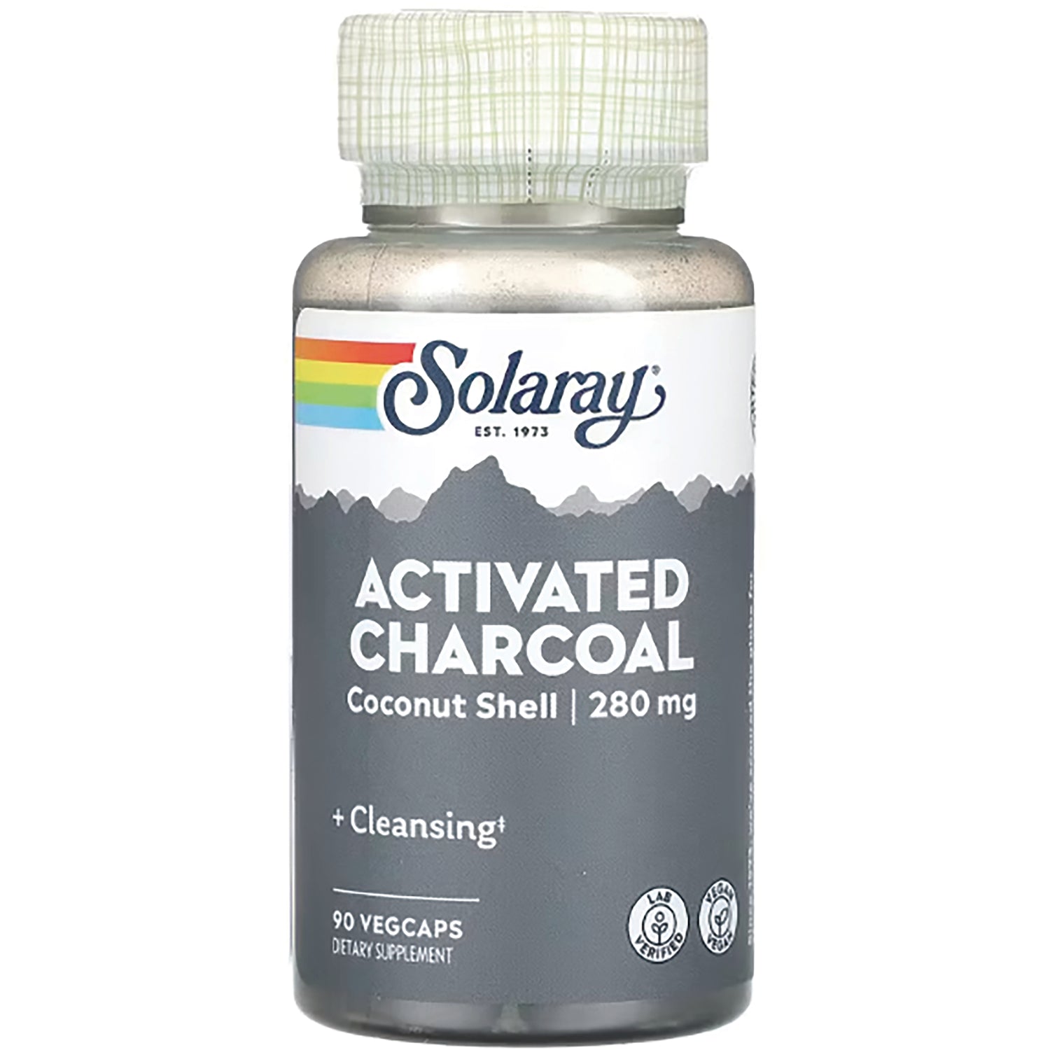 SLR428 | Solaray activated charcoal coconut shell 280 mg bottle front label showing 90 vegcaps