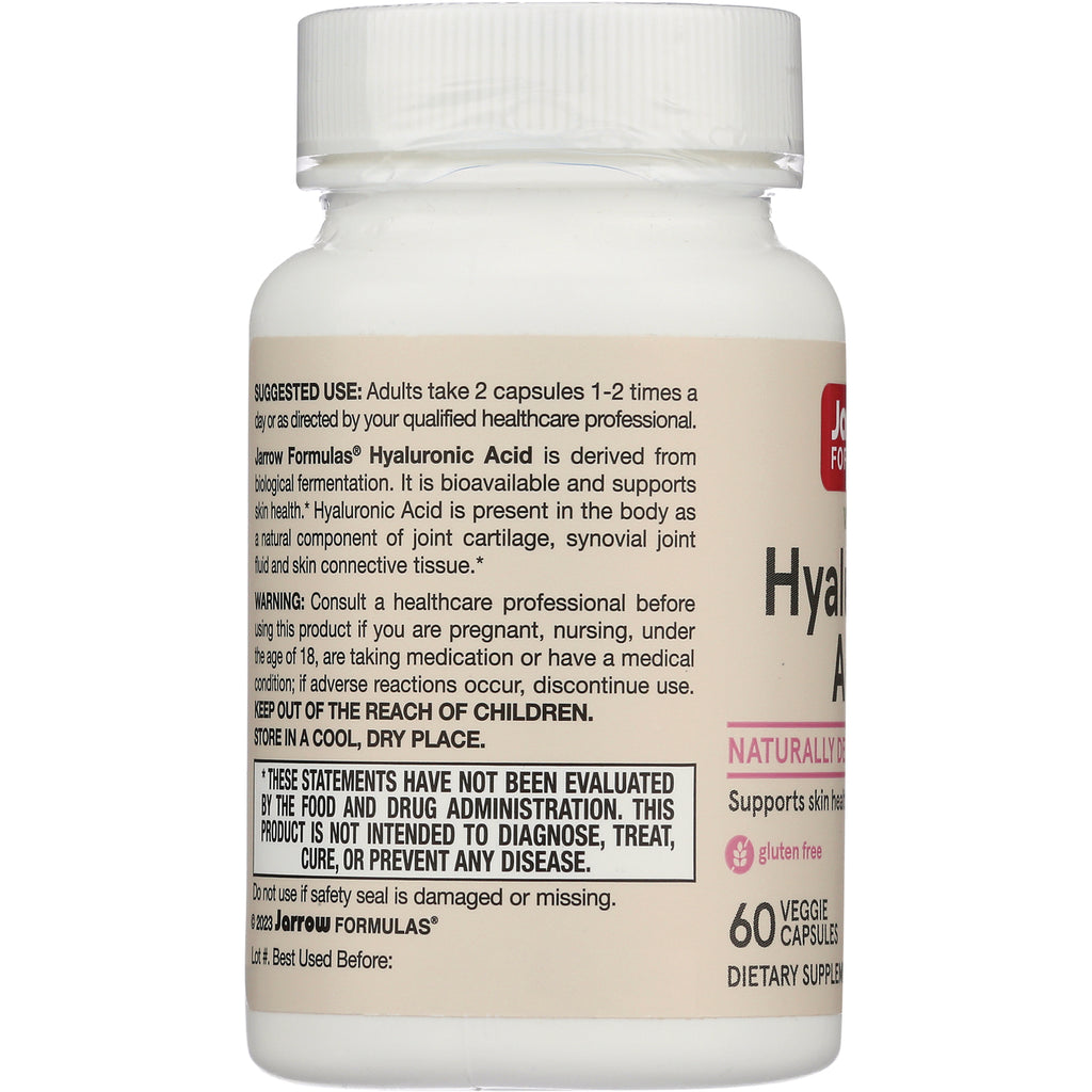 JR062 | Back label of hyaluronic acid supplement bottle showing suggested use, warnings, and FDA disclaimer - Thumbnail