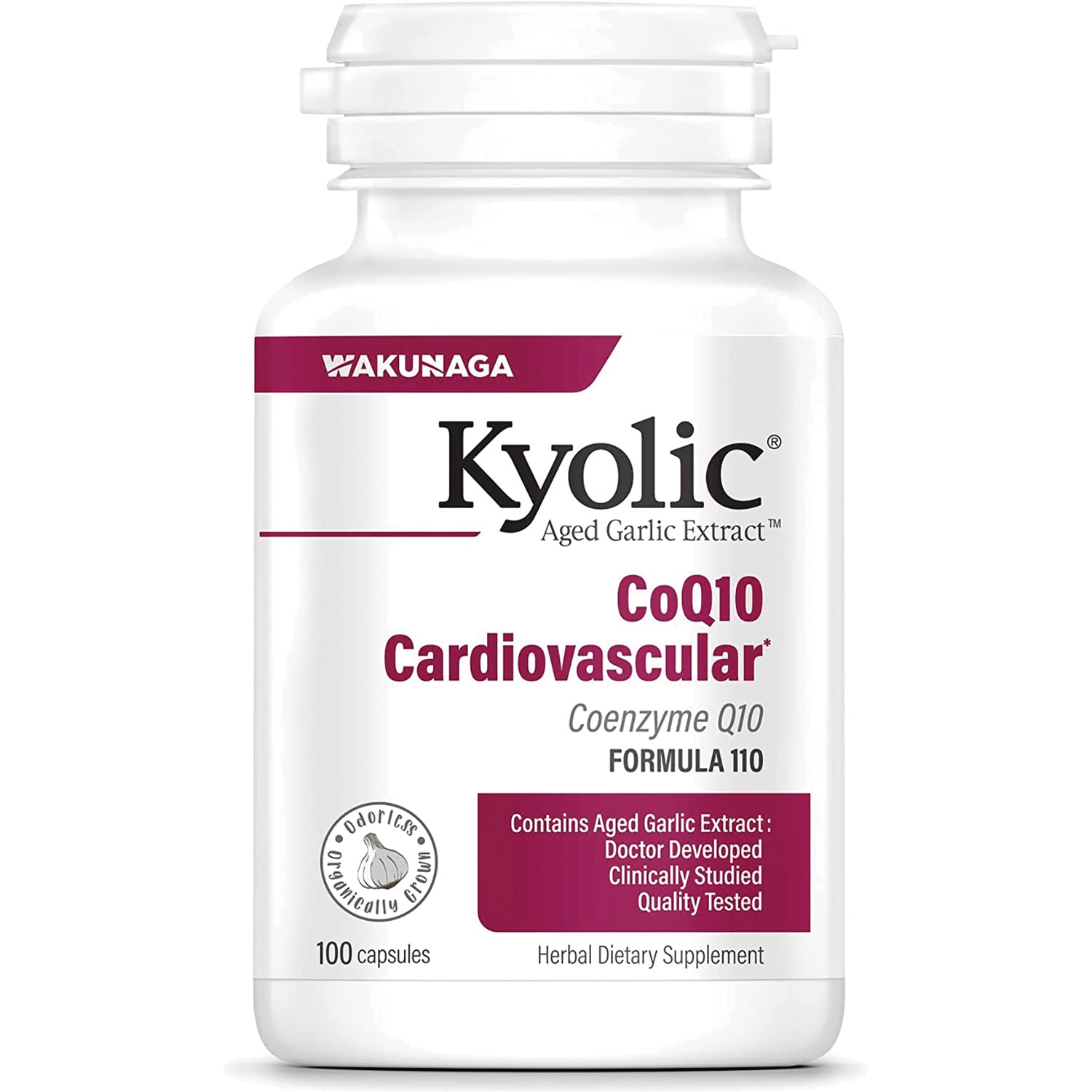 KY090 | Kyolic CoQ10 Cardiovascular aged garlic extract white supplement bottle, 100 capsules