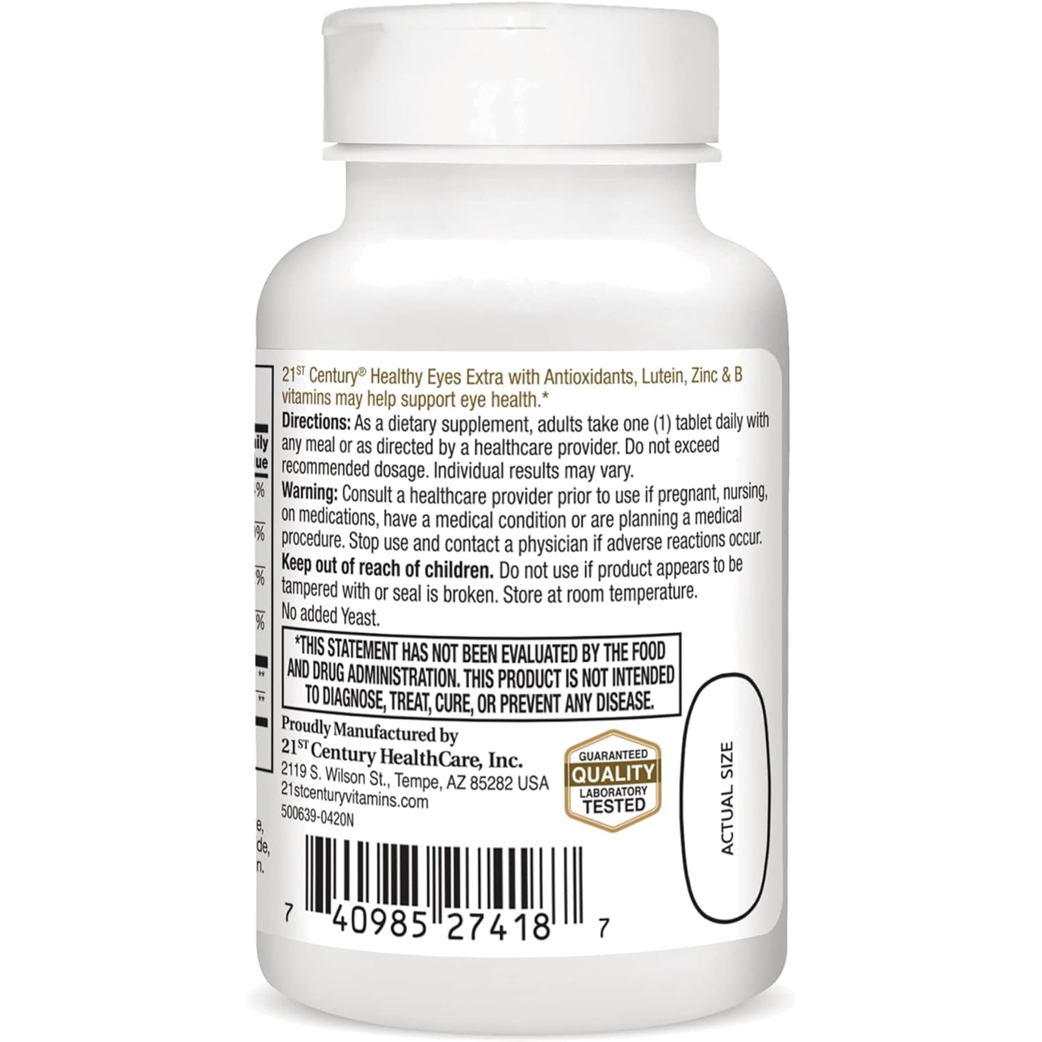 CNT274 | Back of white supplement bottle showing directions, warnings, barcode and actual size outline