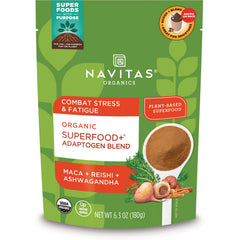 NAV070 | Navitas Organics Organic Superfood+ adaptogen blend pouch with scoop of powder and maca, reishi, ashwagandha, 6.3 oz