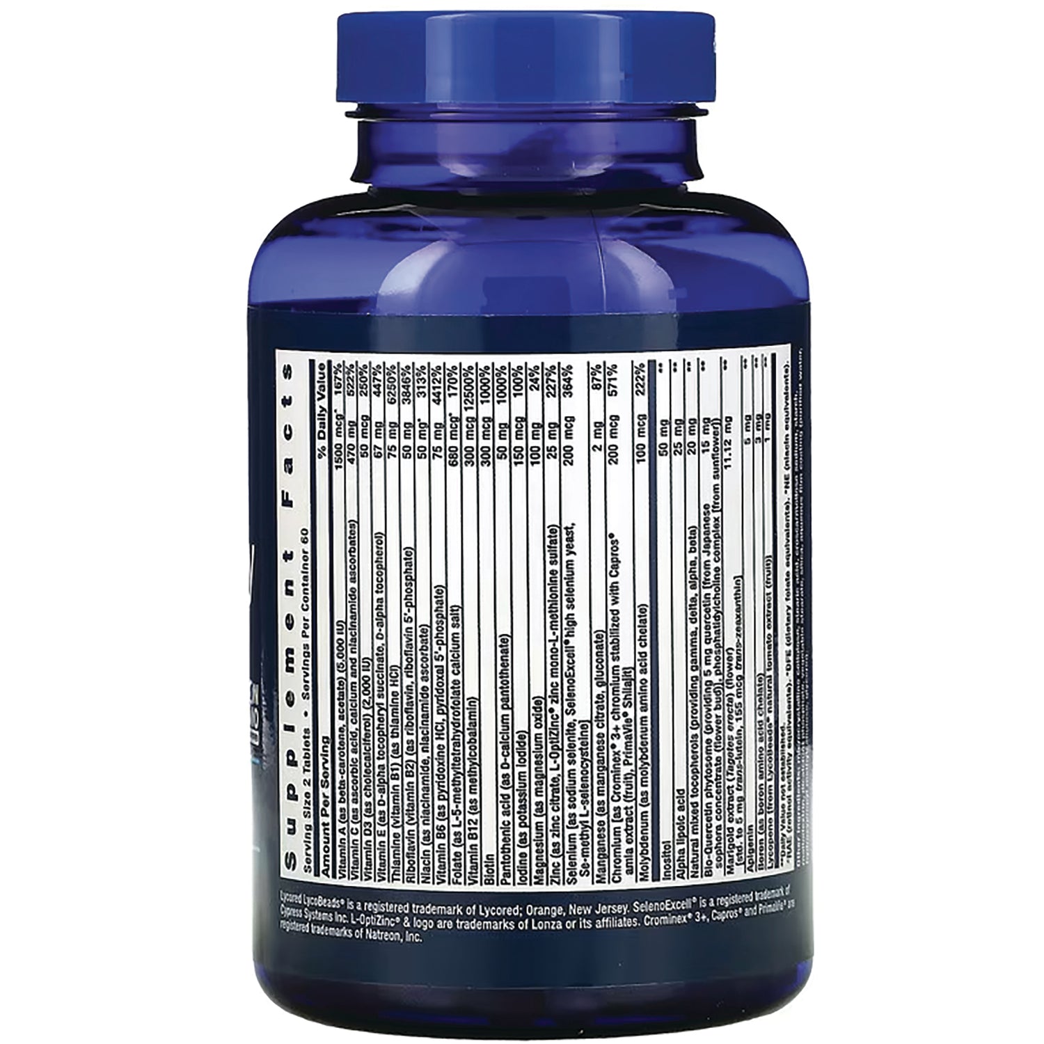 LE565 | back of blue supplement bottle showing supplement facts panel and ingredient list