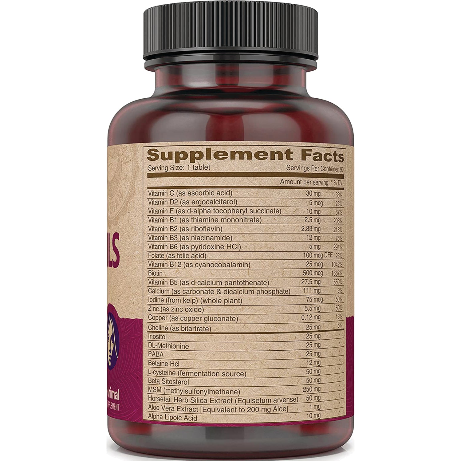 DEV022 | Back of brown supplement bottle showing Supplement Facts label with vitamin and ingredient amounts