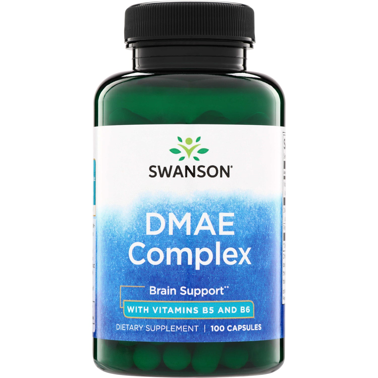 SW871 | Swanson DMAE Complex bottle, Brain Support with vitamins B5 and B6, dietary supplement, 100 capsules