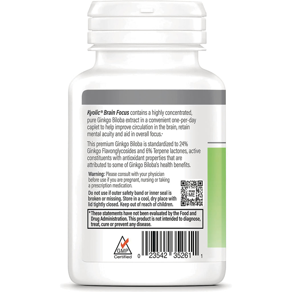 KY046 | Back of white supplement bottle showing Kyolic Brain Focus label text, warnings, barcode, QR code and GMP certified logo - Thumbnail