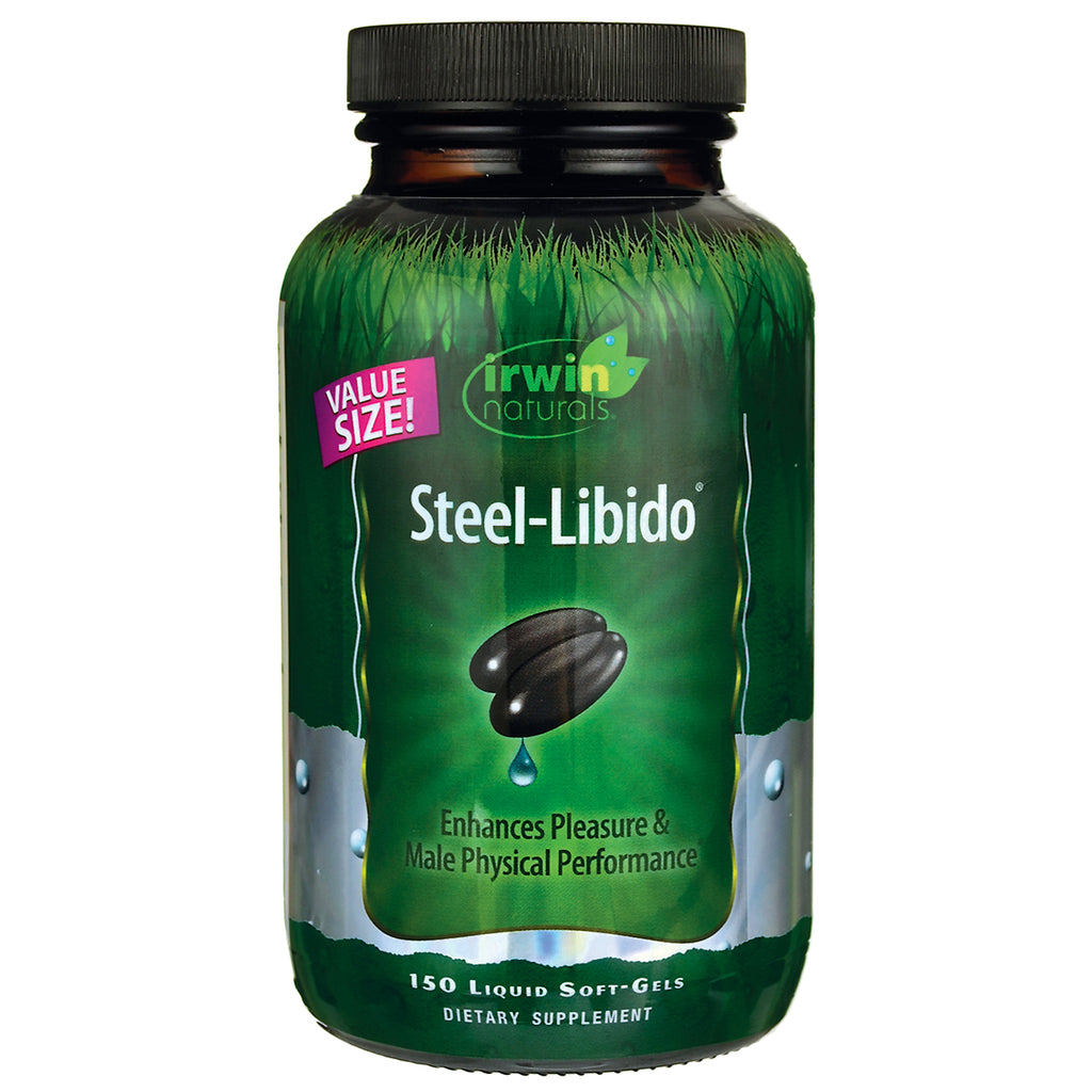 IR092 | Irwin Naturals Steel-Libido green supplement bottle front view, 150 liquid soft-gels - Thumbnail