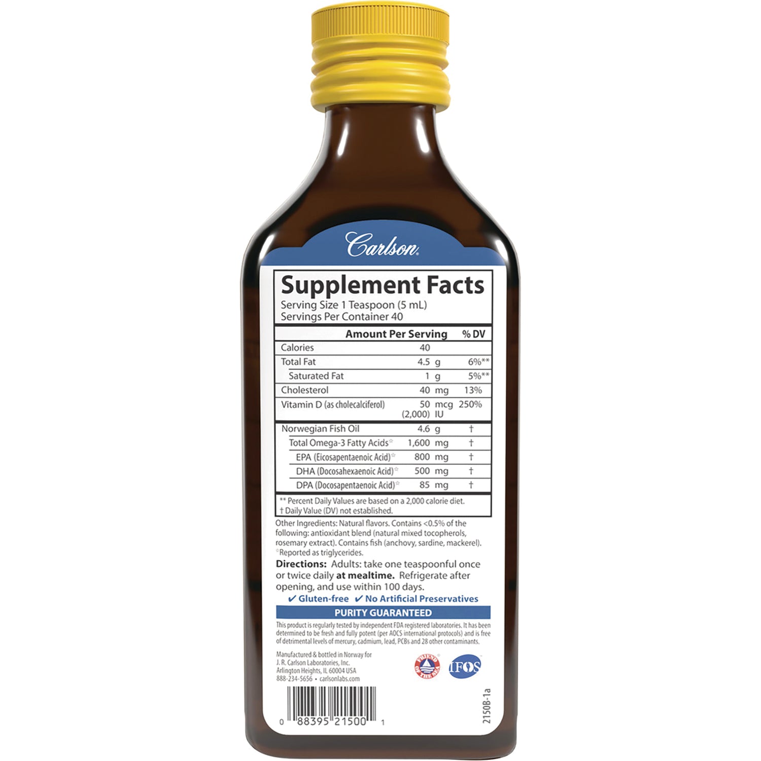 CSN322 | Back label of Carlson Norwegian fish oil bottle showing Supplement Facts table, ingredients, and directions