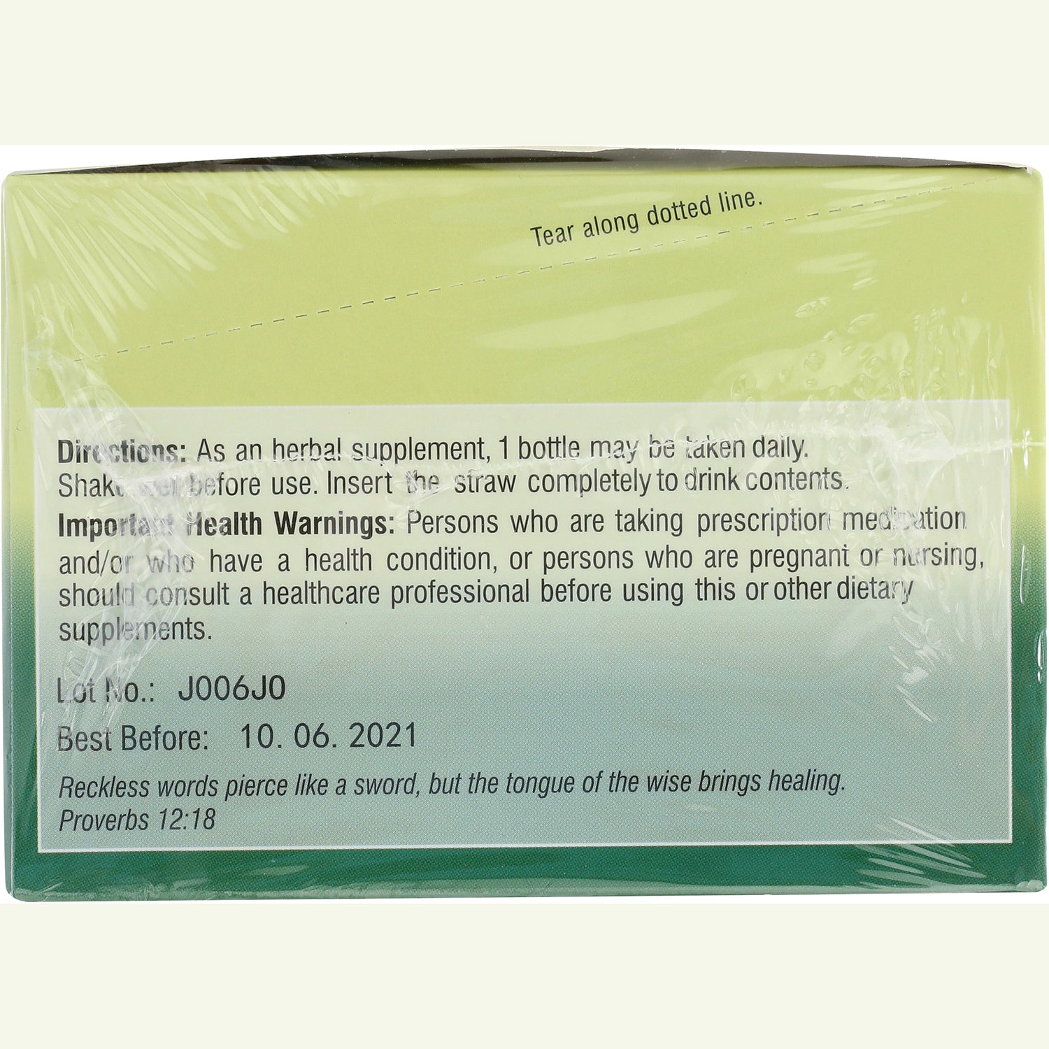Back of sealed supplement box showing directions, health warnings, Lot No. J006J0 and Best Before 10.06.2021