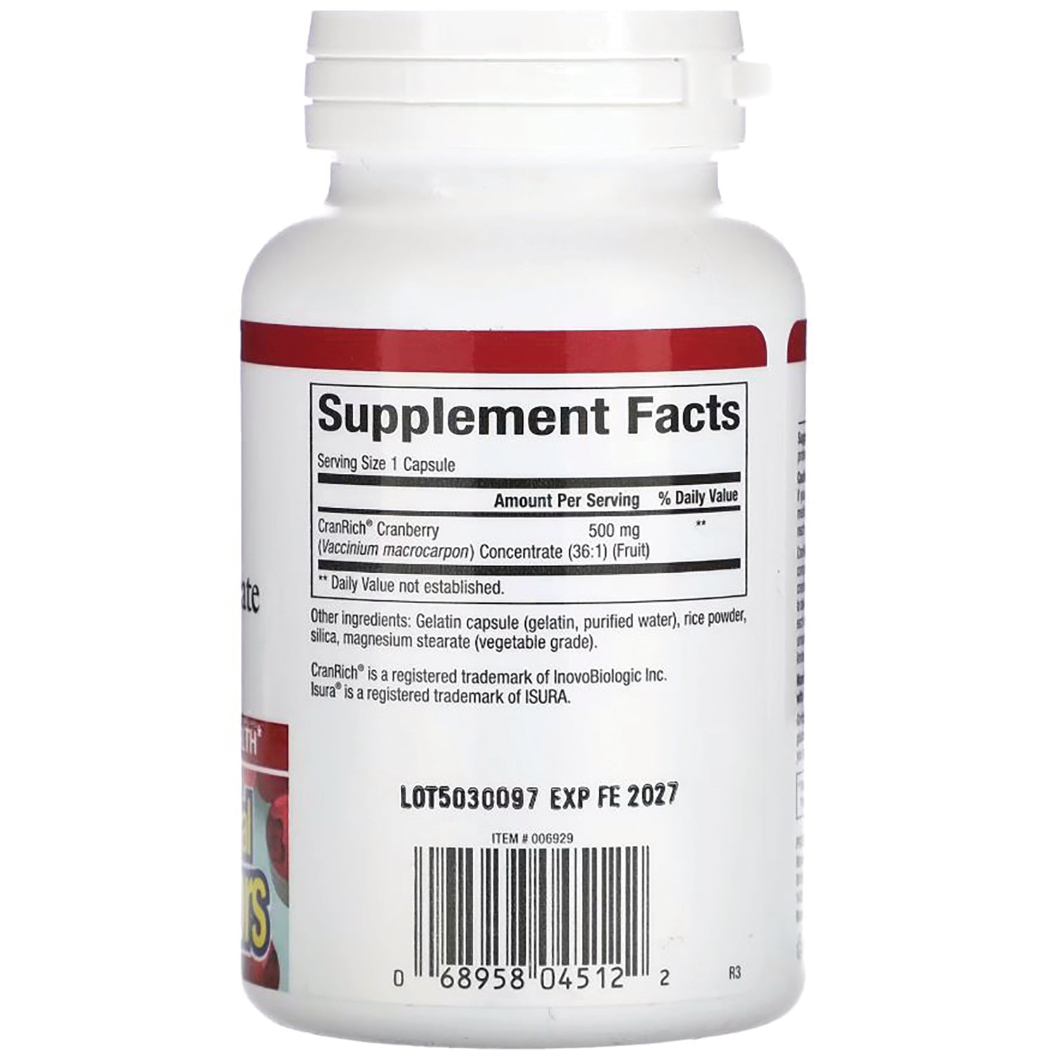 NFC142 | Back of white supplement bottle showing Supplement Facts panel, ingredients list, barcode and lot/exp date
