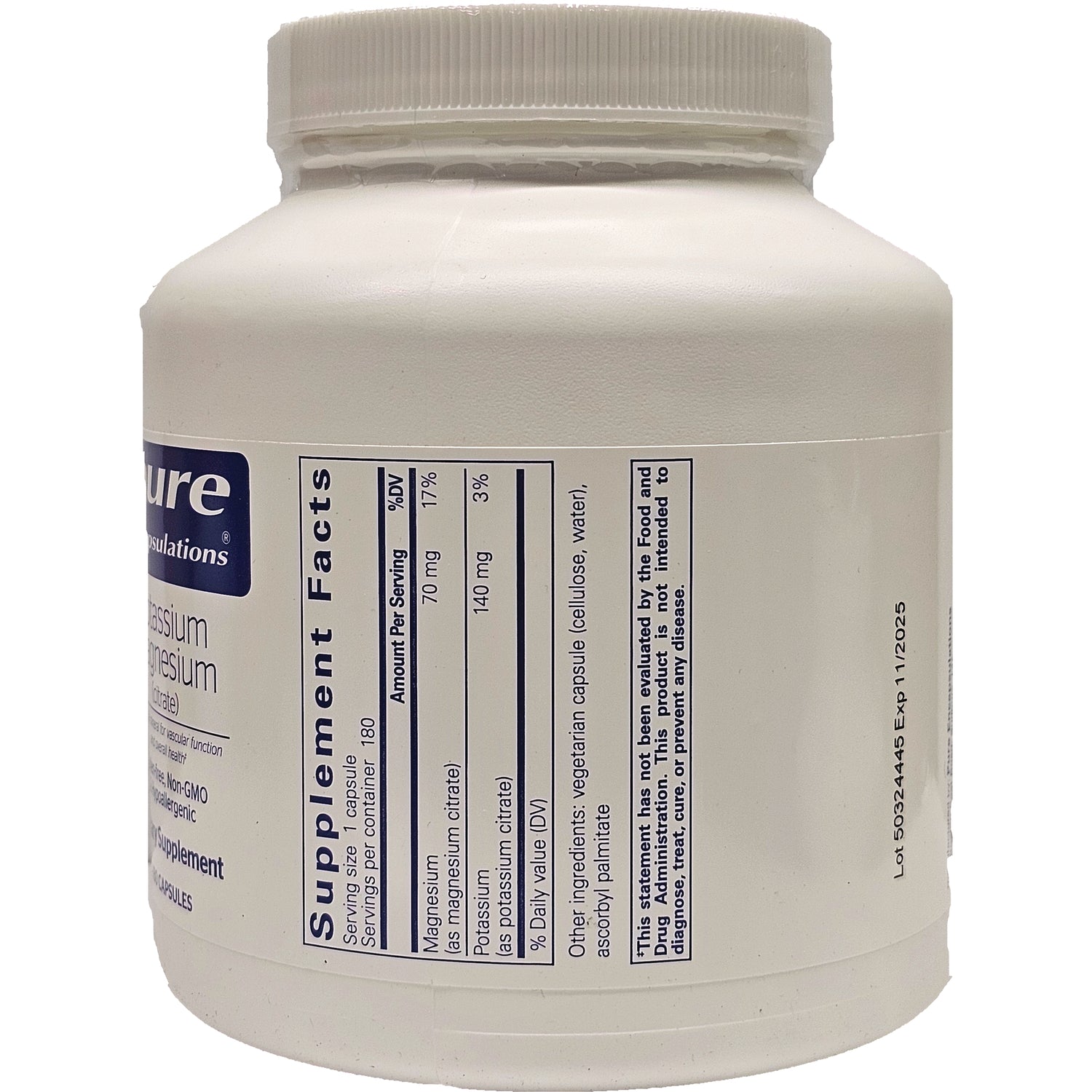 PRN003 | Back of white supplement bottle showing Supplement Facts panel and lot number expiration info