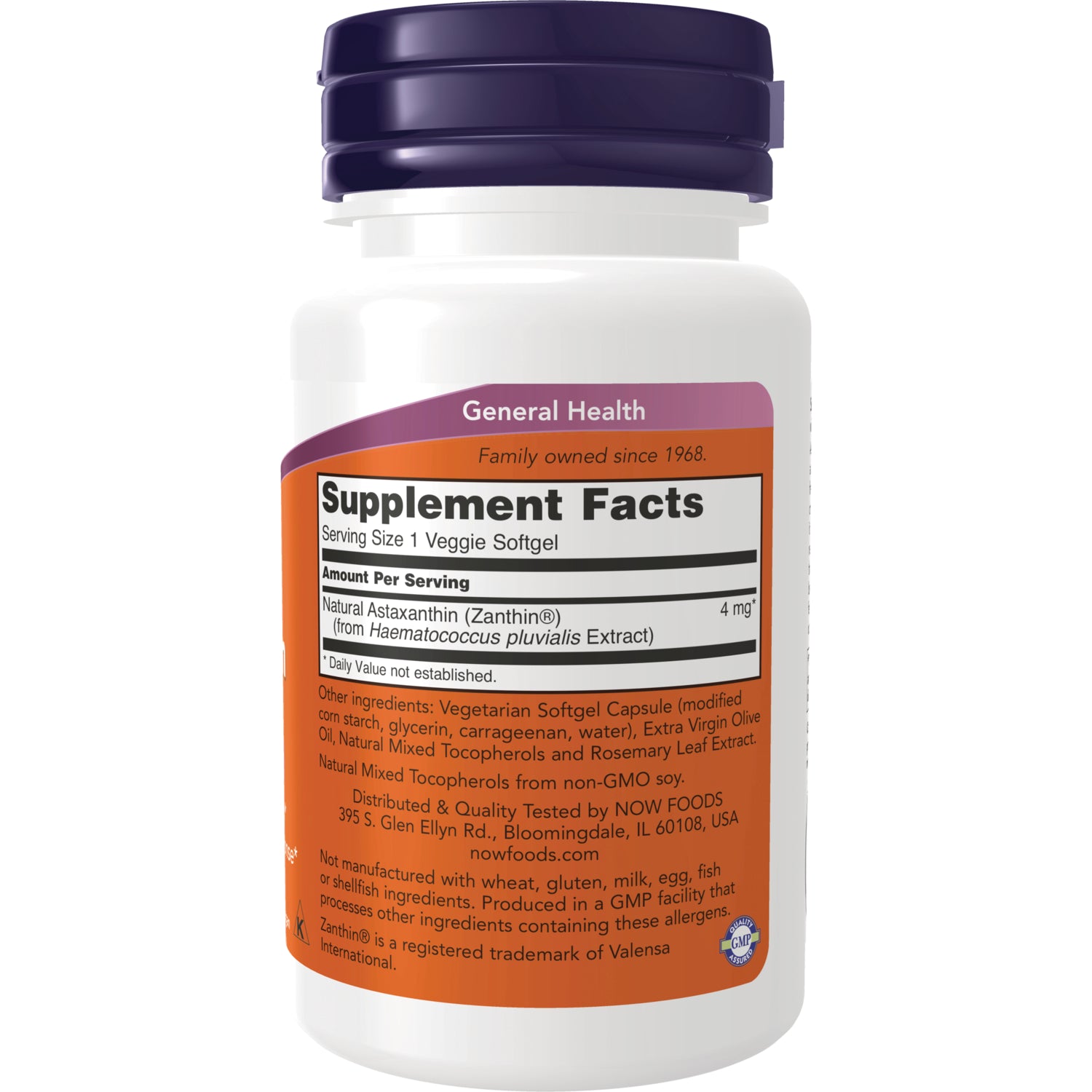 NWF528 | back label showing Supplement Facts panel and ingredients on white bottle with purple cap