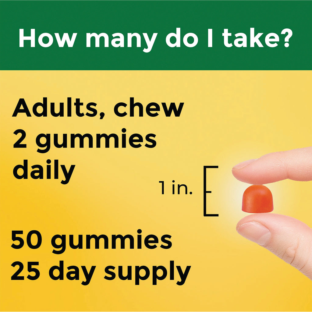 NTM136 | Back label with dosing: Adults chew 2 gummies daily; 50 gummies, 25 day supply; hand holding 1 in gummy - Thumbnail