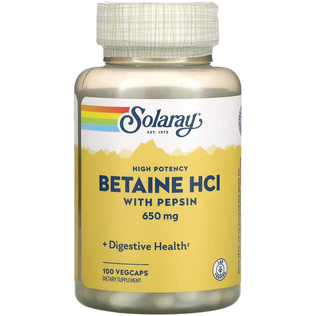 SLR366 | Solaray Betaine HCl with pepsin 650 mg bottle, yellow label, 100 vegcaps - Thumbnail