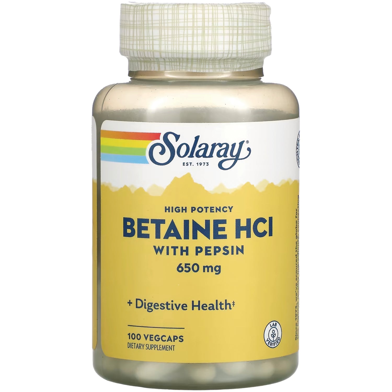 SLR366 | Solaray Betaine HCl with pepsin 650 mg bottle, yellow label, 100 vegcaps