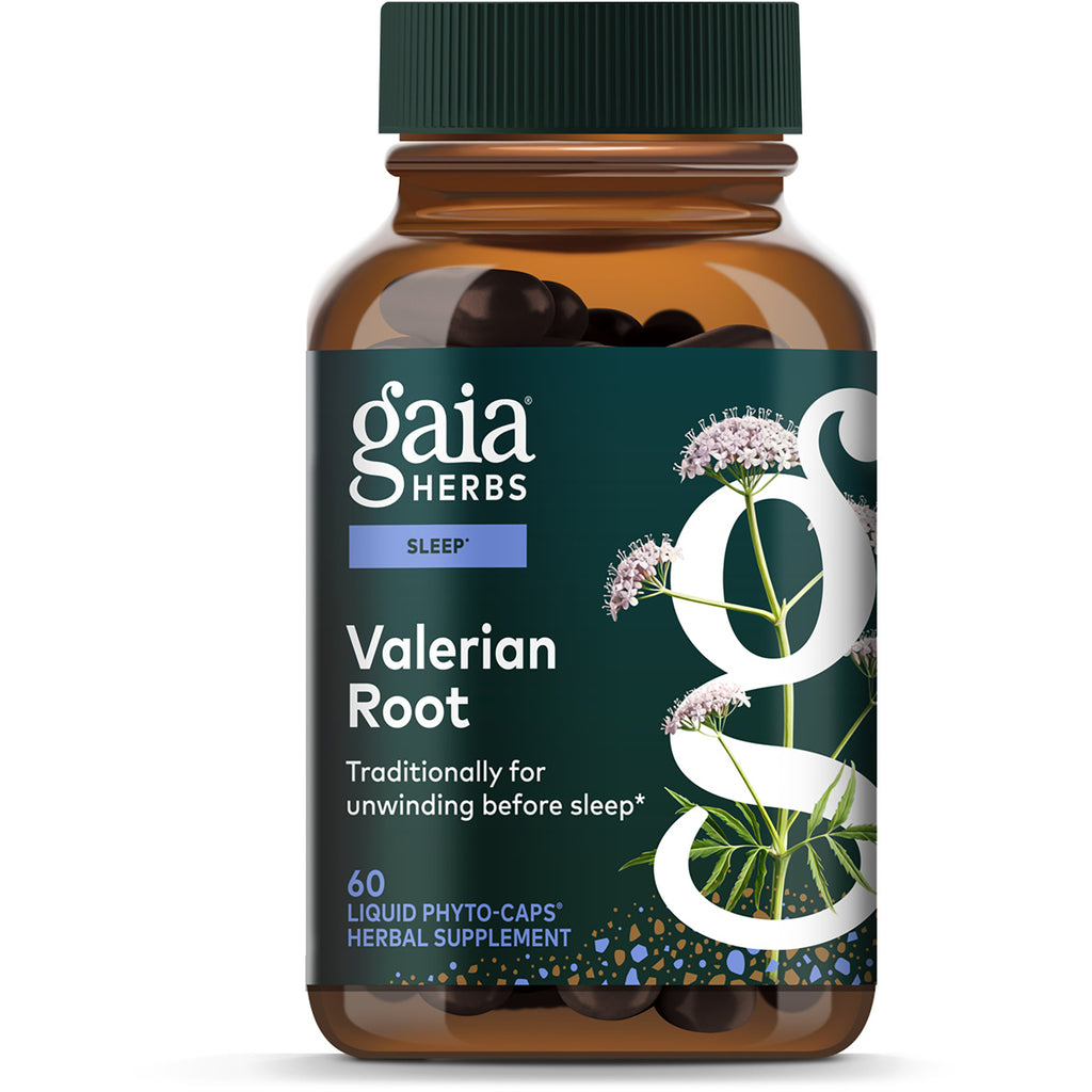 Gaia Herbs Valerian Root supplement bottle labeled Sleep Support, 60 vegan liquid phyto-caps - Thumbnail