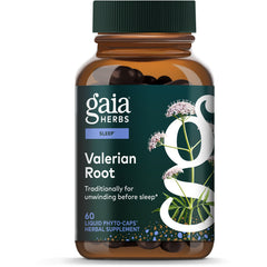 Gaia Herbs Valerian Root supplement bottle labeled Sleep Support, 60 vegan liquid phyto-caps