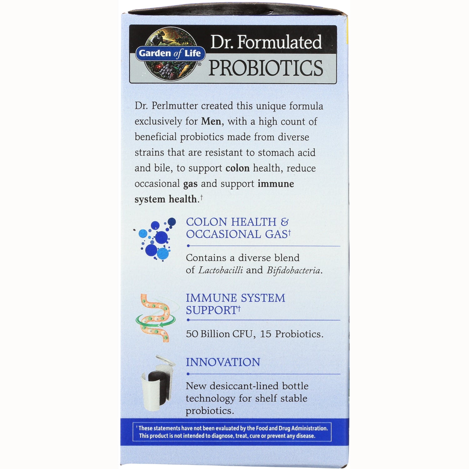 GLF201 | Product infographic: colon health, occasional gas, immune support, 50B CFU, 15 probiotics, desiccant-lined bottle