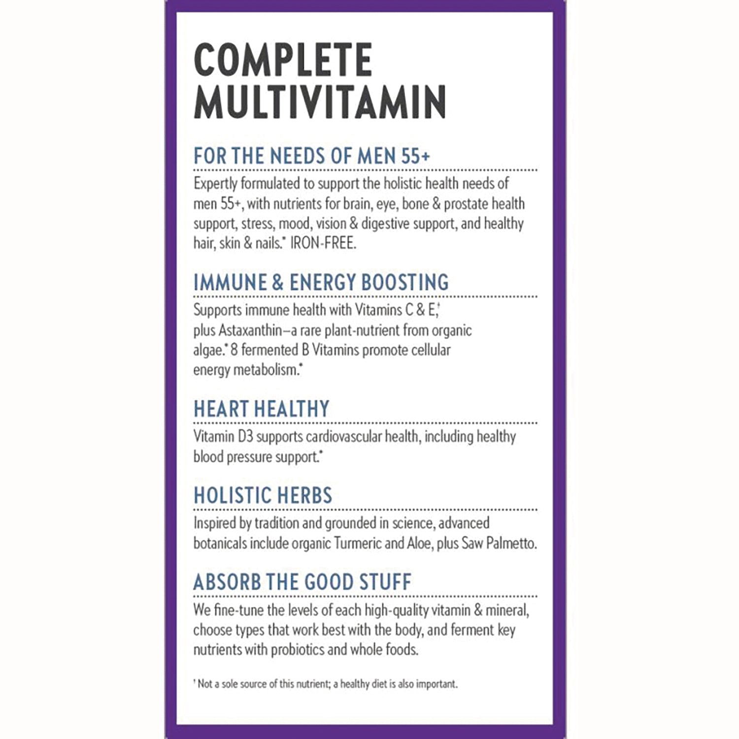 NWC320 | product infographic listing Complete Multivitamin benefits for men 55+, immune and energy support, heart healthy, holistic herbs
