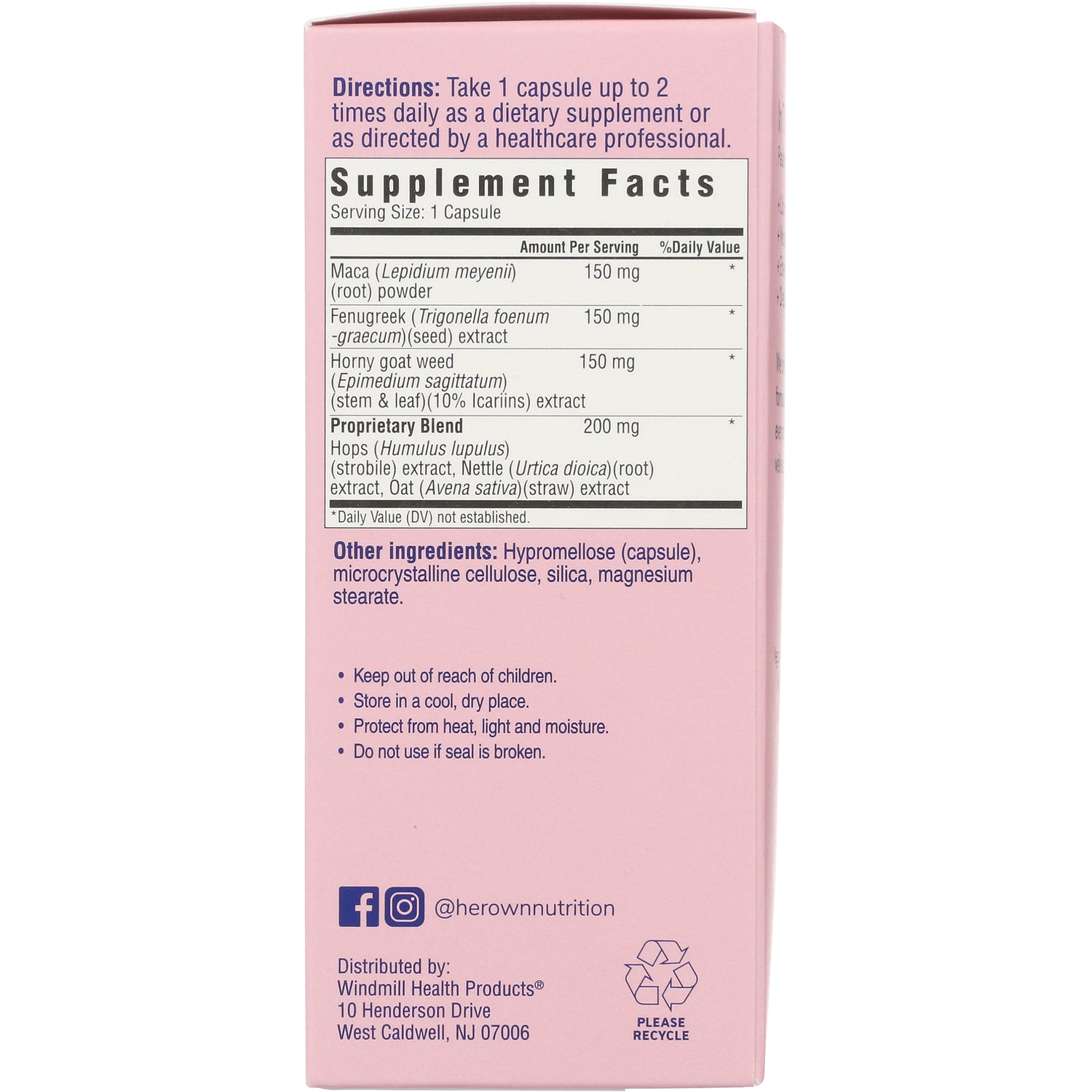 HO002 | Pink supplement box back showing Supplement Facts panel, directions, other ingredients, warnings and social handle @herownnutrition