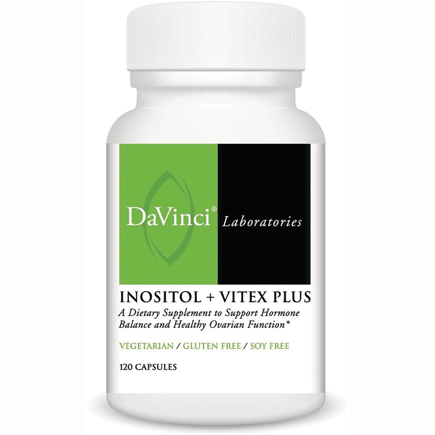 DVL166 | White bottle labeled DaVinci Laboratories Inositol + Vitex Plus, 120 capsules, vegetarian gluten free soy free