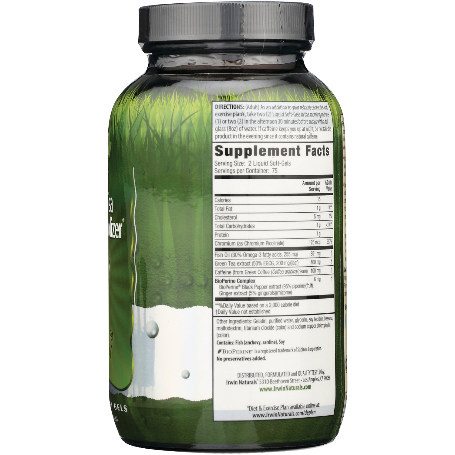 IR241 | back of green supplement bottle showing Supplement Facts panel and directions