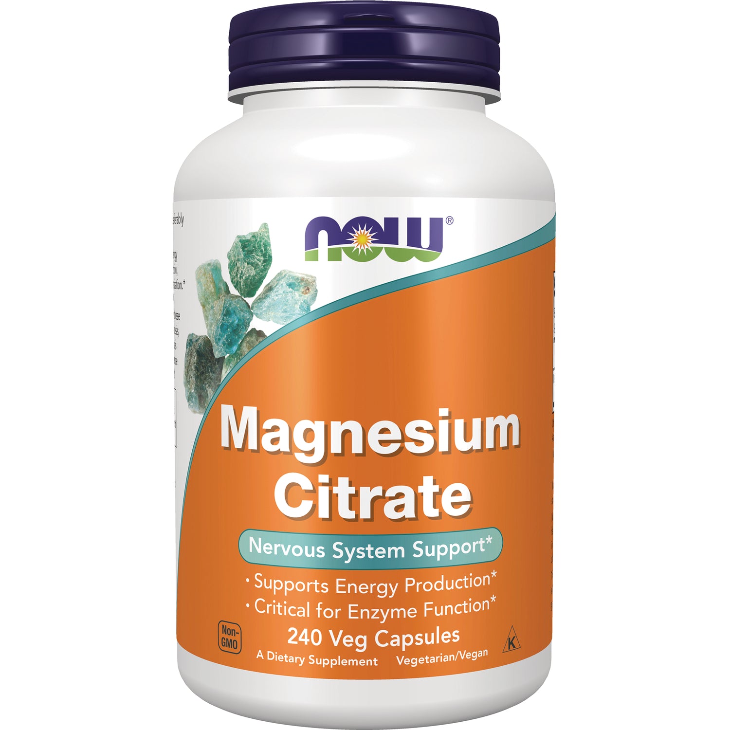 NWF1450 | White bottle of NOW Magnesium Citrate supplement with orange label, 240 Veg Capsules