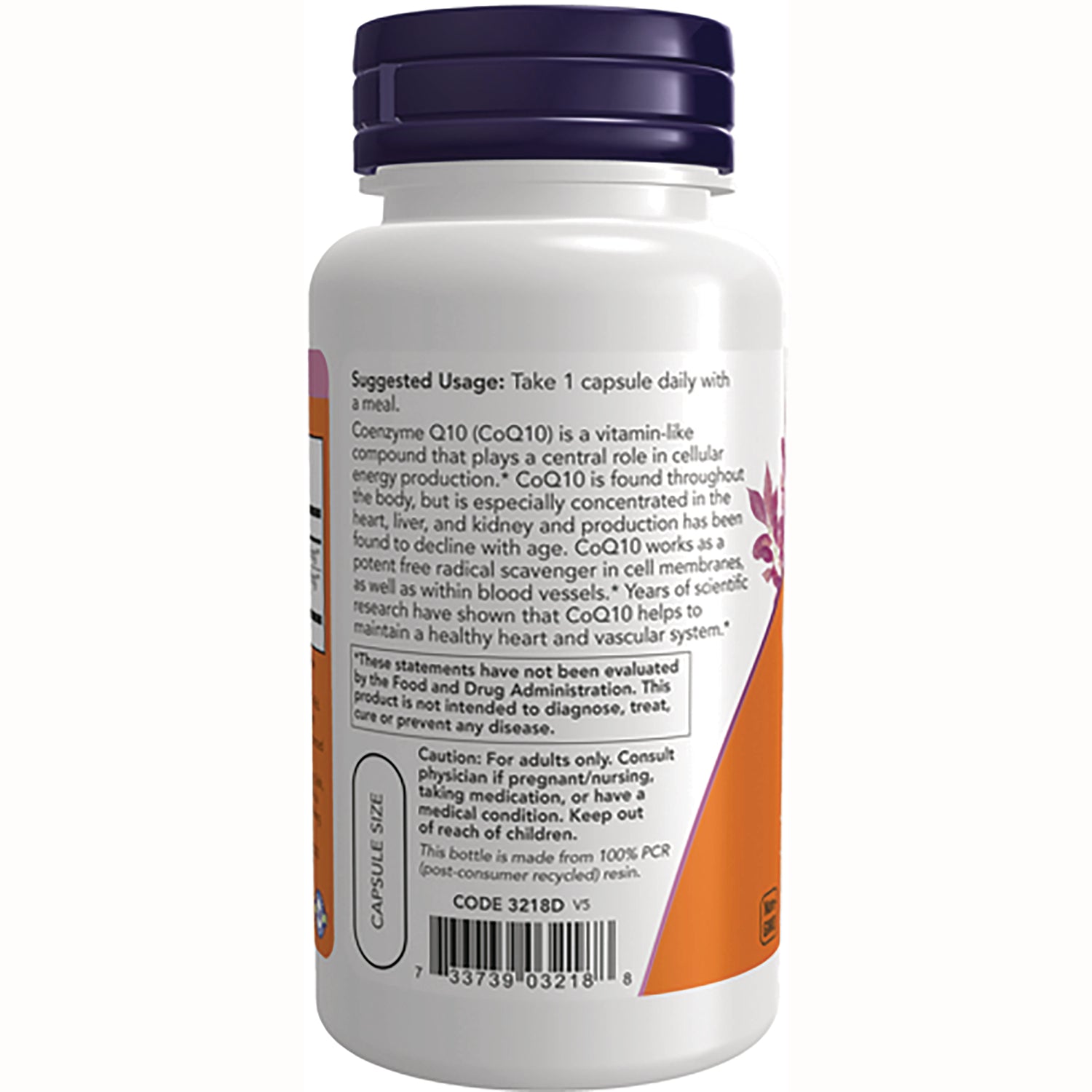NWF737 | Back of white supplement bottle showing suggested usage, caution, ingredient text and barcode