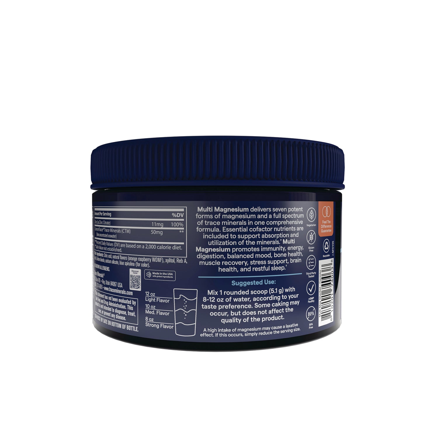 TM173 | Multi Magnesium supplement jar with usage directions and mineral facts on the back label